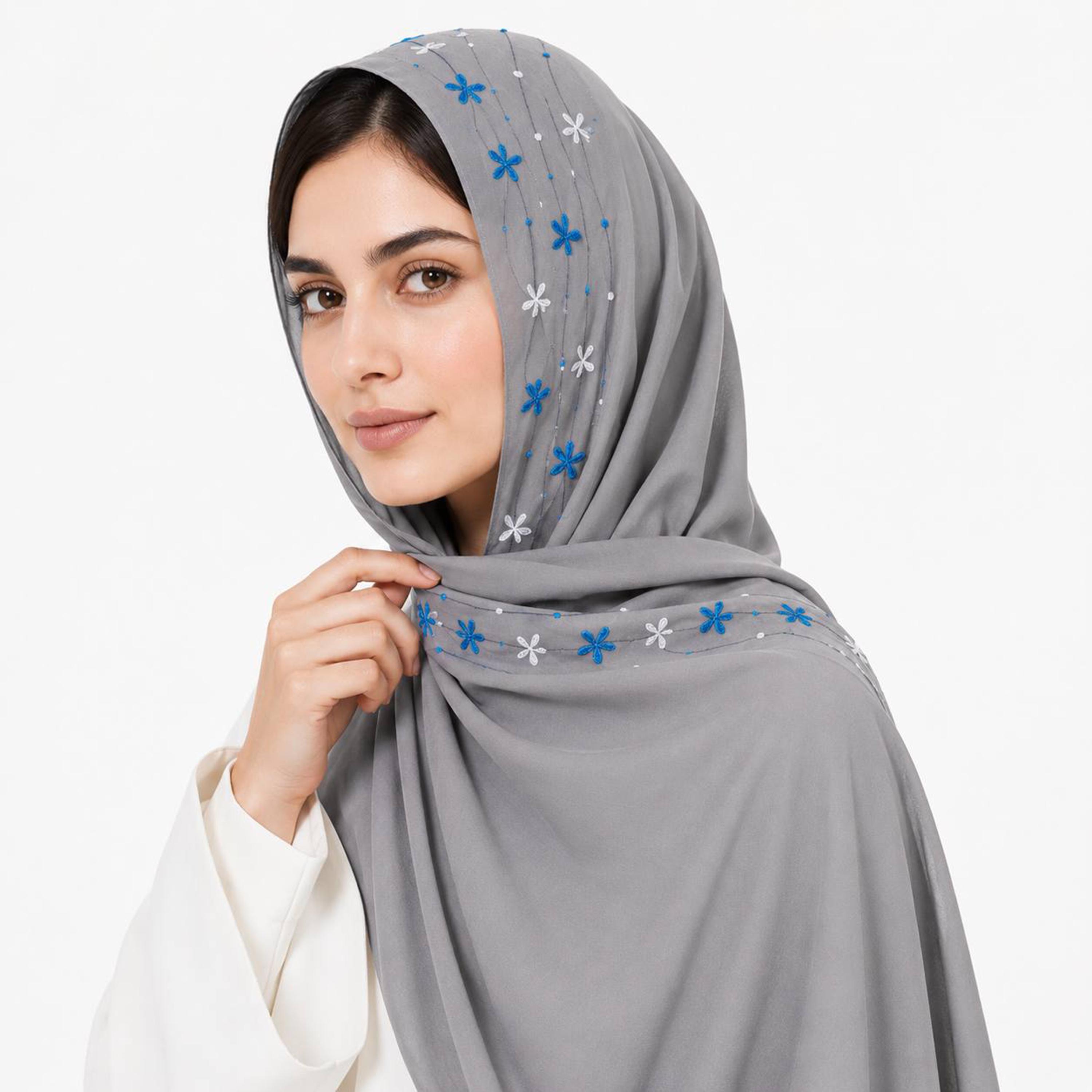 حجاب كتان رمادي بحافة مطرزة بنقشة زهور من حوراء-women-arabicclothing-headscarf-hijab-image-1
