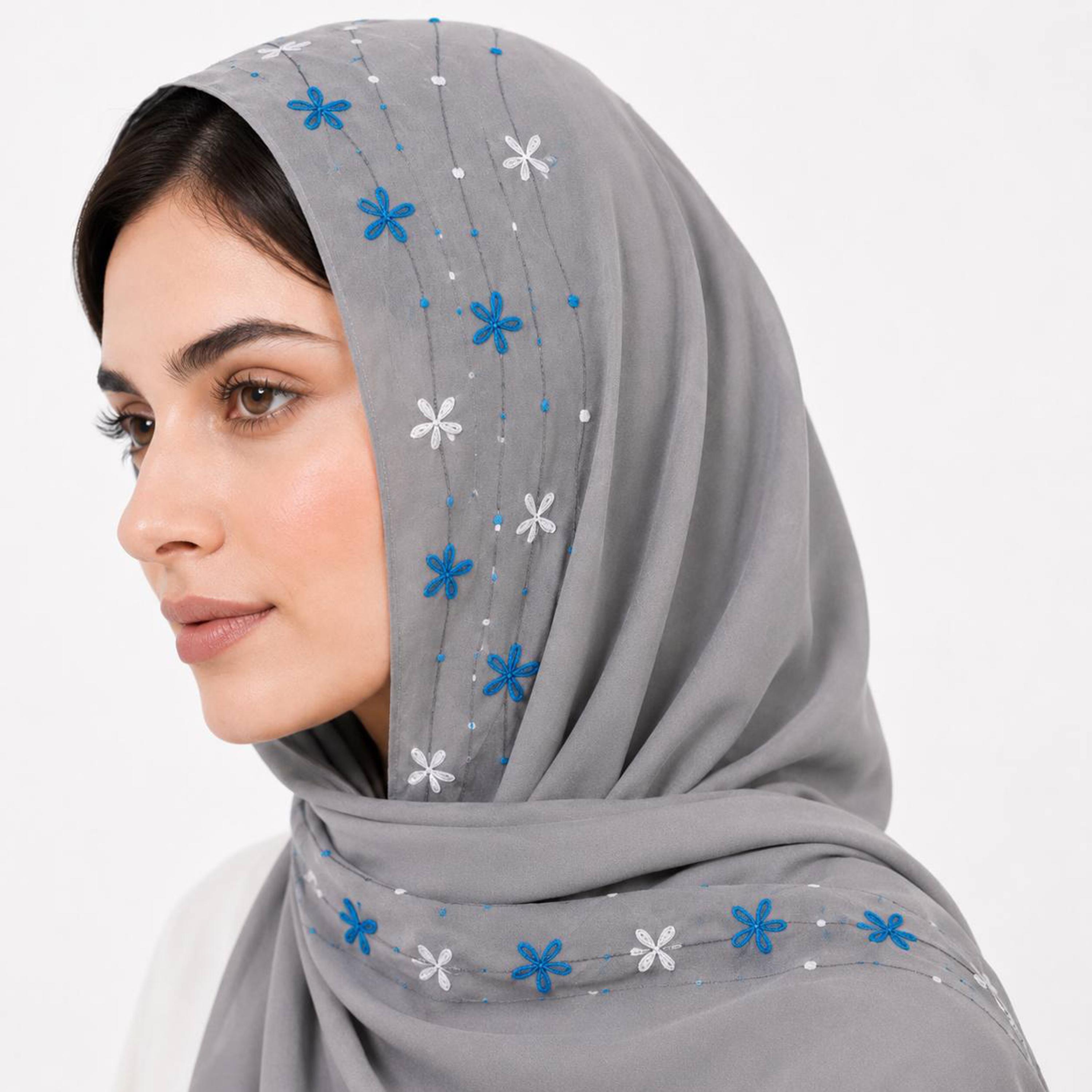 حجاب كتان رمادي بحافة مطرزة بنقشة زهور من حوراء-women-arabicclothing-headscarf-hijab-image-2