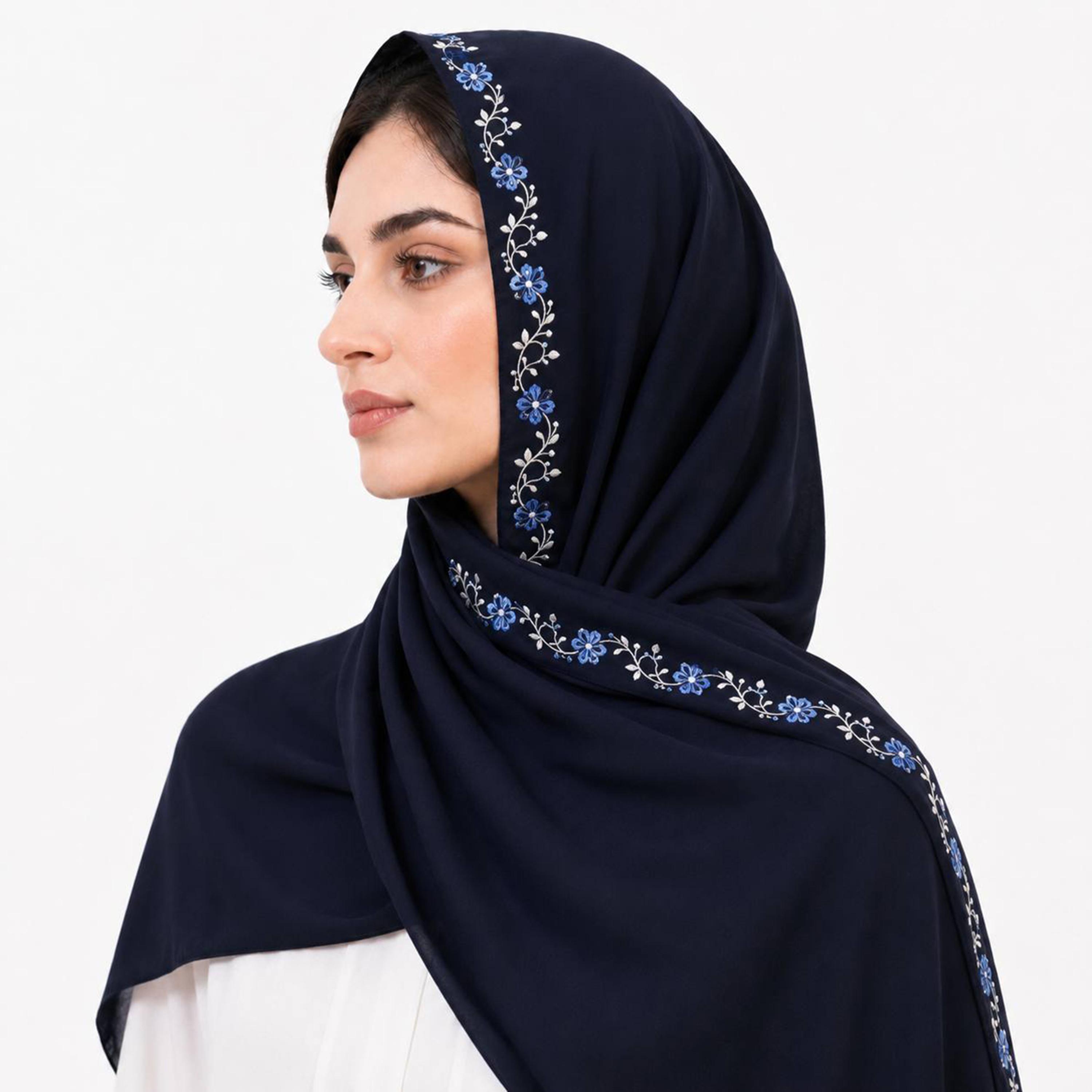Hawraa Navy Linen Hijab with Floral Vine Embroidered Border-women-arabicclothing-headscarf-hijab-image-1