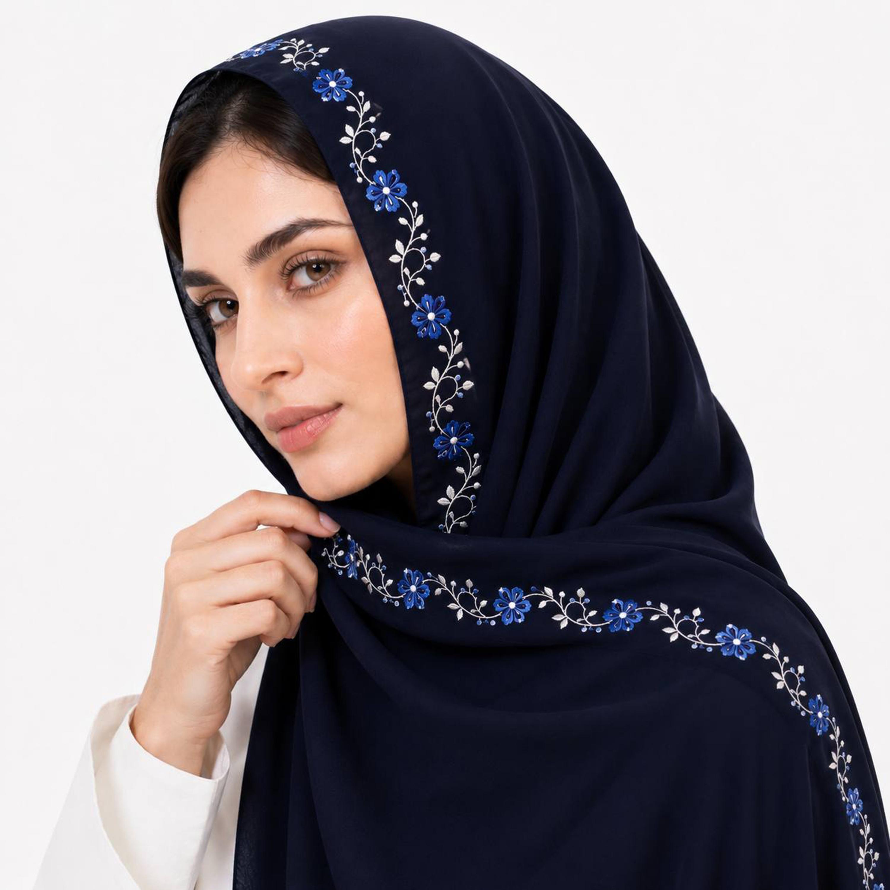 Hawraa Navy Linen Hijab with Floral Vine Embroidered Border-women-arabicclothing-headscarf-hijab-image-2