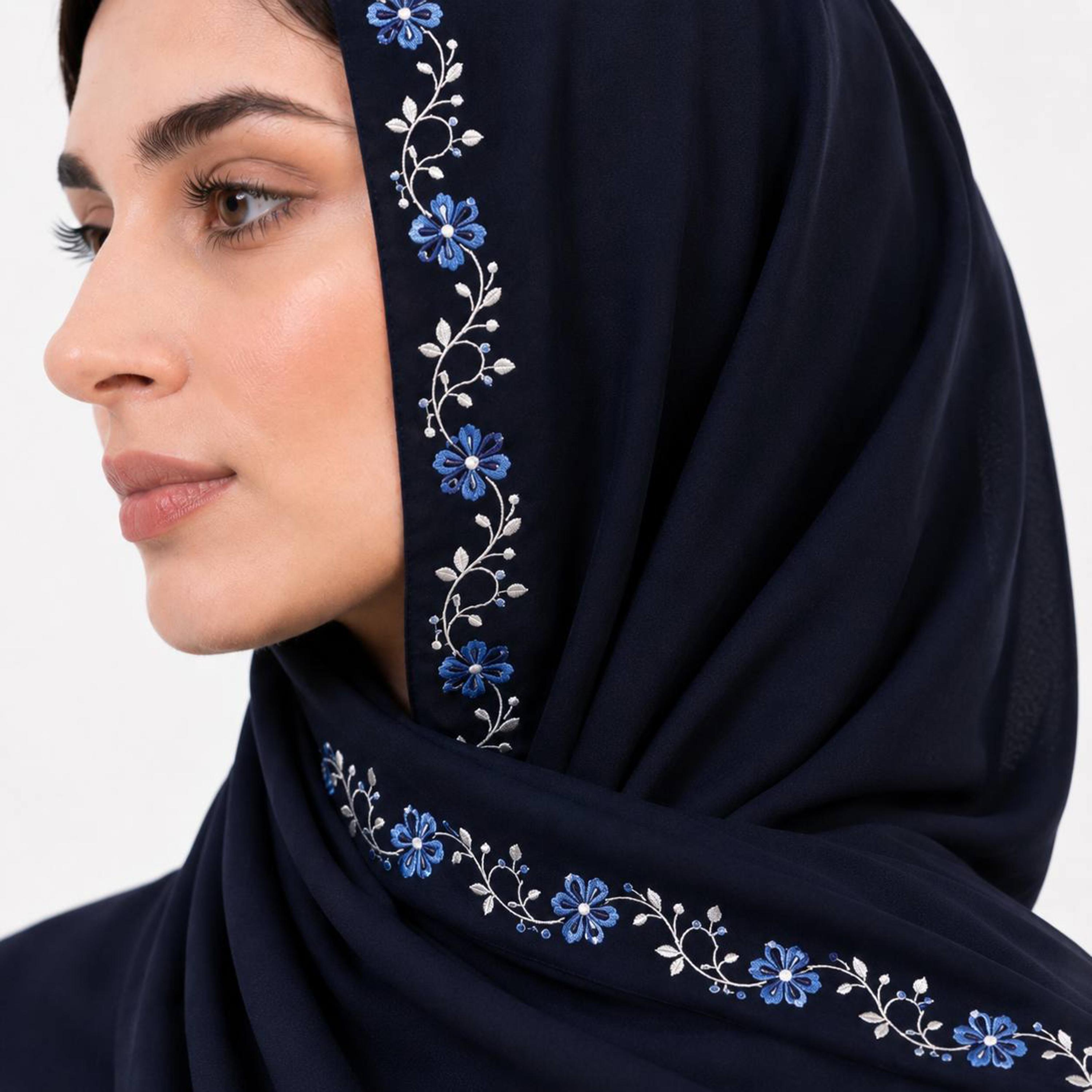 Hawraa Navy Linen Hijab with Floral Vine Embroidered Border-women-arabicclothing-headscarf-hijab-image-3