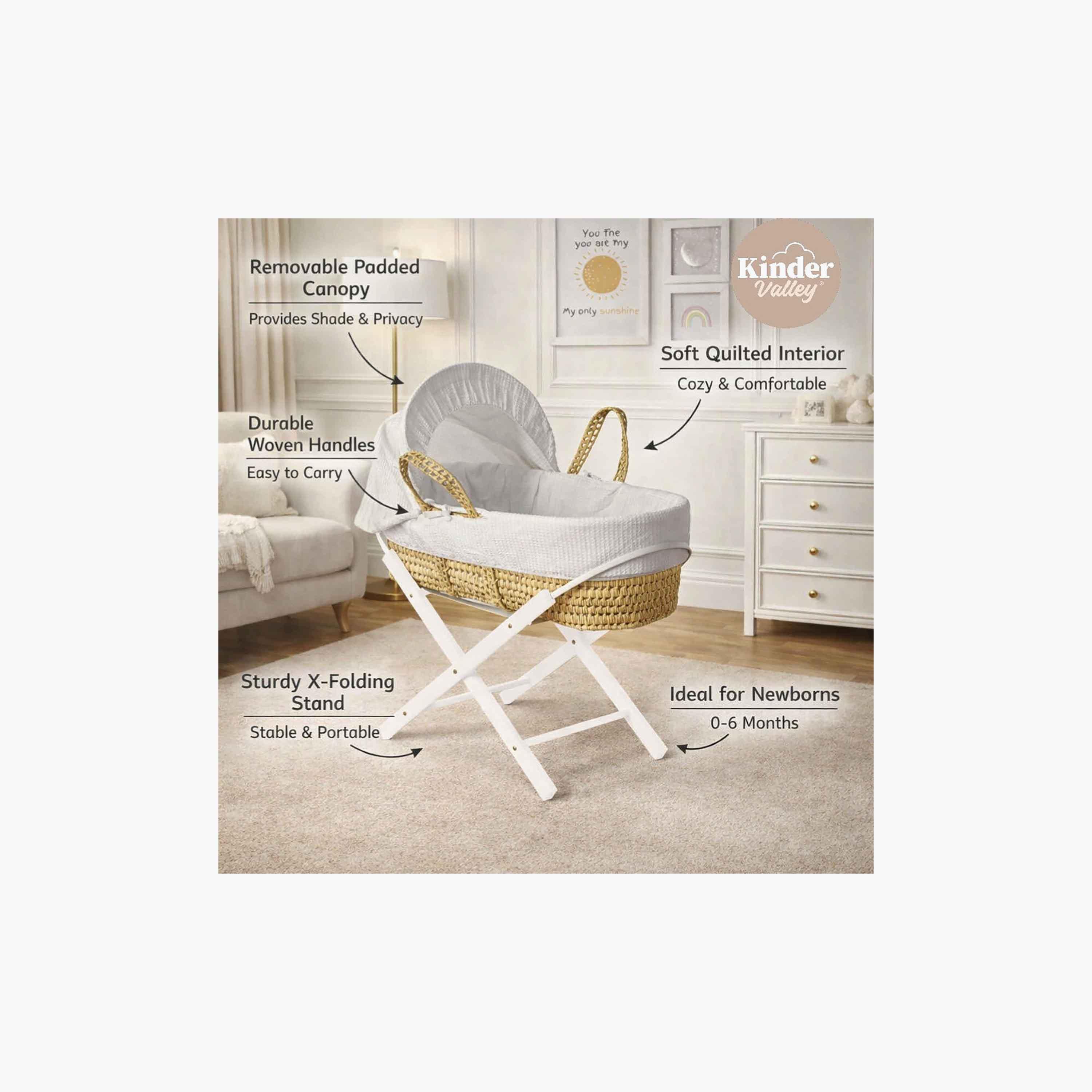 سلة موسى من القش بتصميم وافل من القطن الفاخر مع حامل قابل للطي من كيندر فالي-baby-nursery-furniture-mosesbaskets-image-4