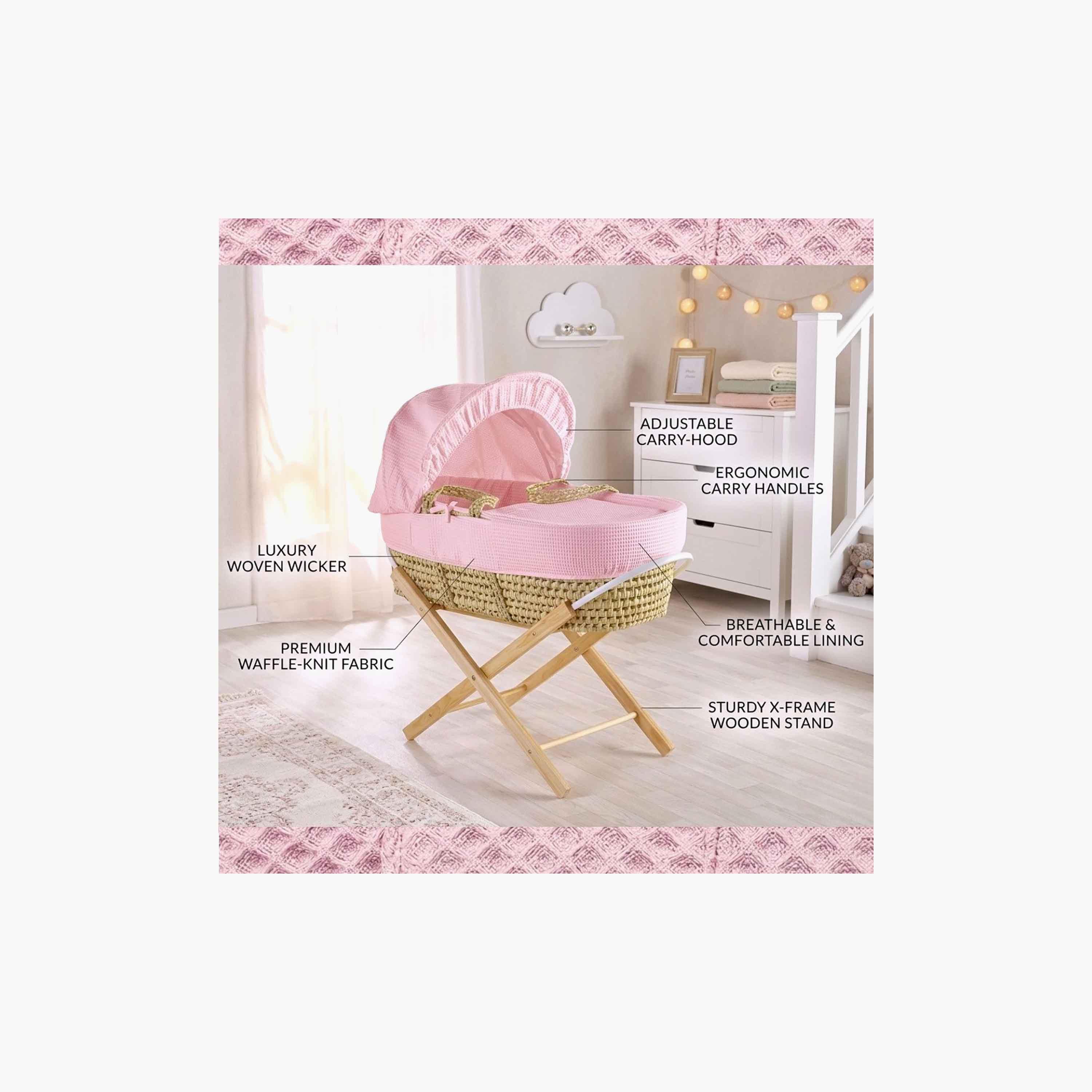 سلة كيندر فالي مويسيس بلون الخوخي بنسيج الوافل مع حامل قابل للطي بلون الأوبال-baby-nursery-furniture-mosesbaskets-image-4