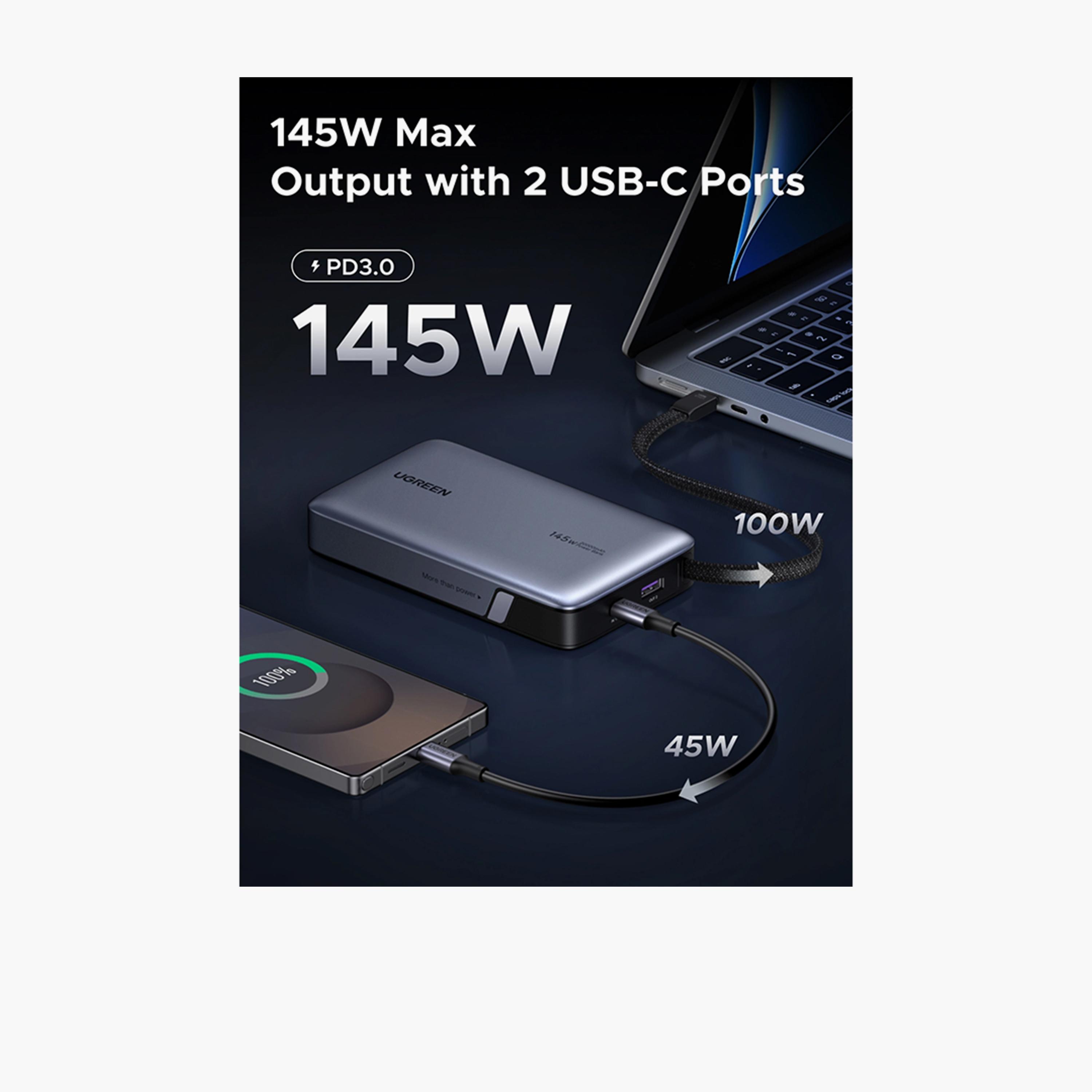 يوغرين - شاحن متنقل مزود بكابل مدمج، منافذ USB-C وUSB، سعة 20000 مللي أمبير، قدرة 145 واط - رمادي-electronics-accessories-mobileaccesories-image-2