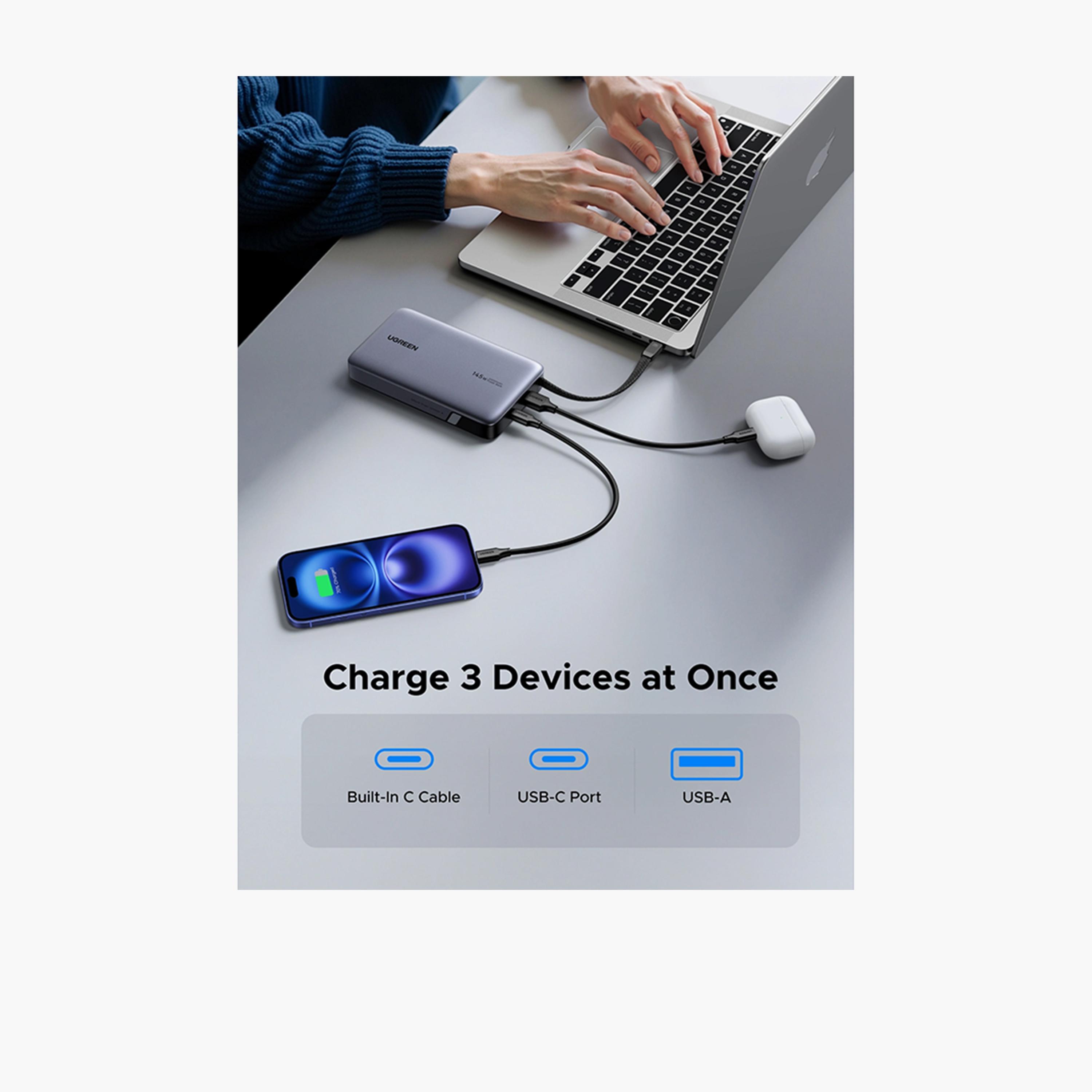 يوغرين - شاحن متنقل مزود بكابل مدمج، منافذ USB-C وUSB، سعة 20000 مللي أمبير، قدرة 145 واط - رمادي-electronics-accessories-mobileaccesories-image-4