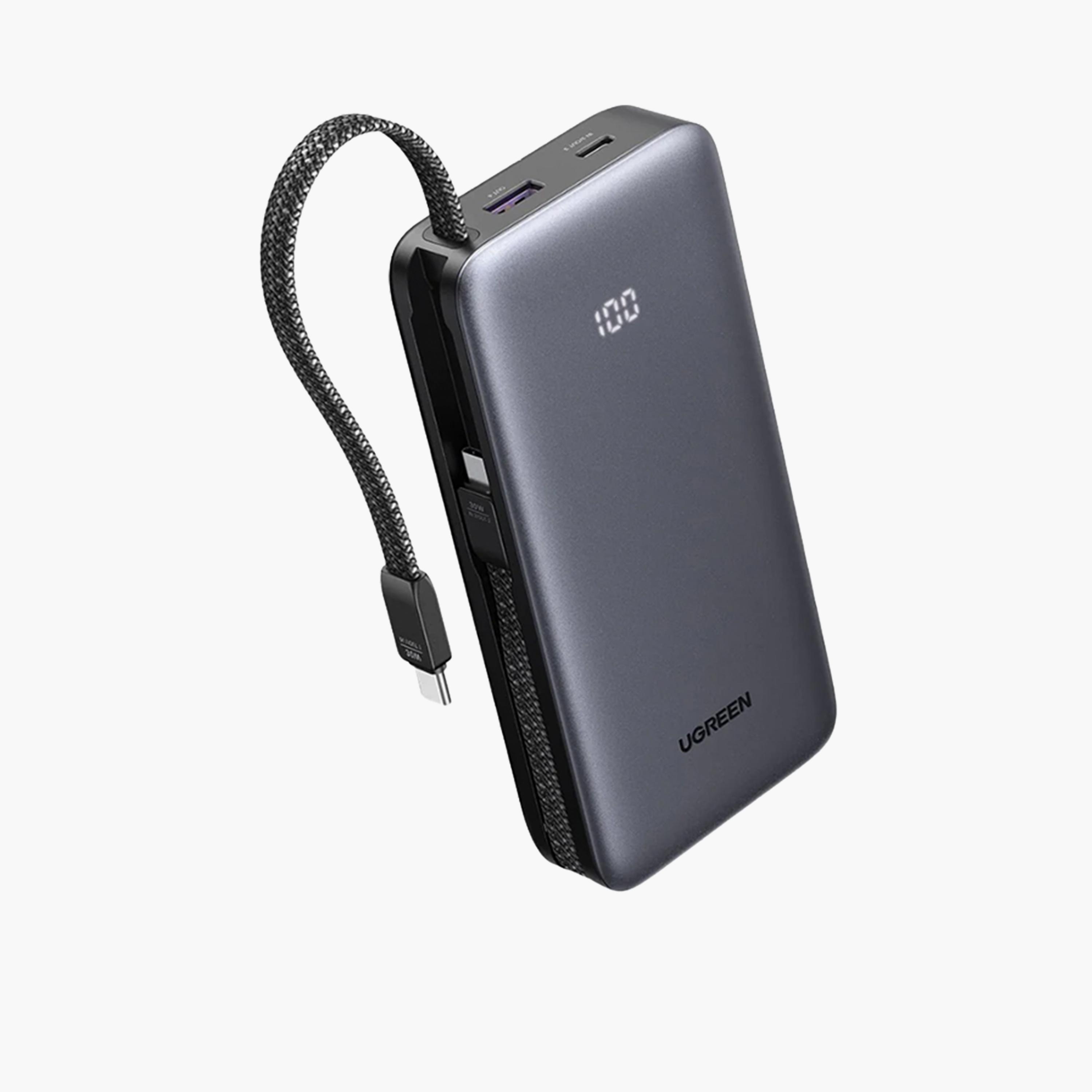 يوغرين - شاحن متنقل مزود بكابل مدمج، منافذ USB-C وUSB، سعة 20000 مللي أمبير، قدرة 30 واط - رمادي-electronics-accessories-mobileaccesories-image-1
