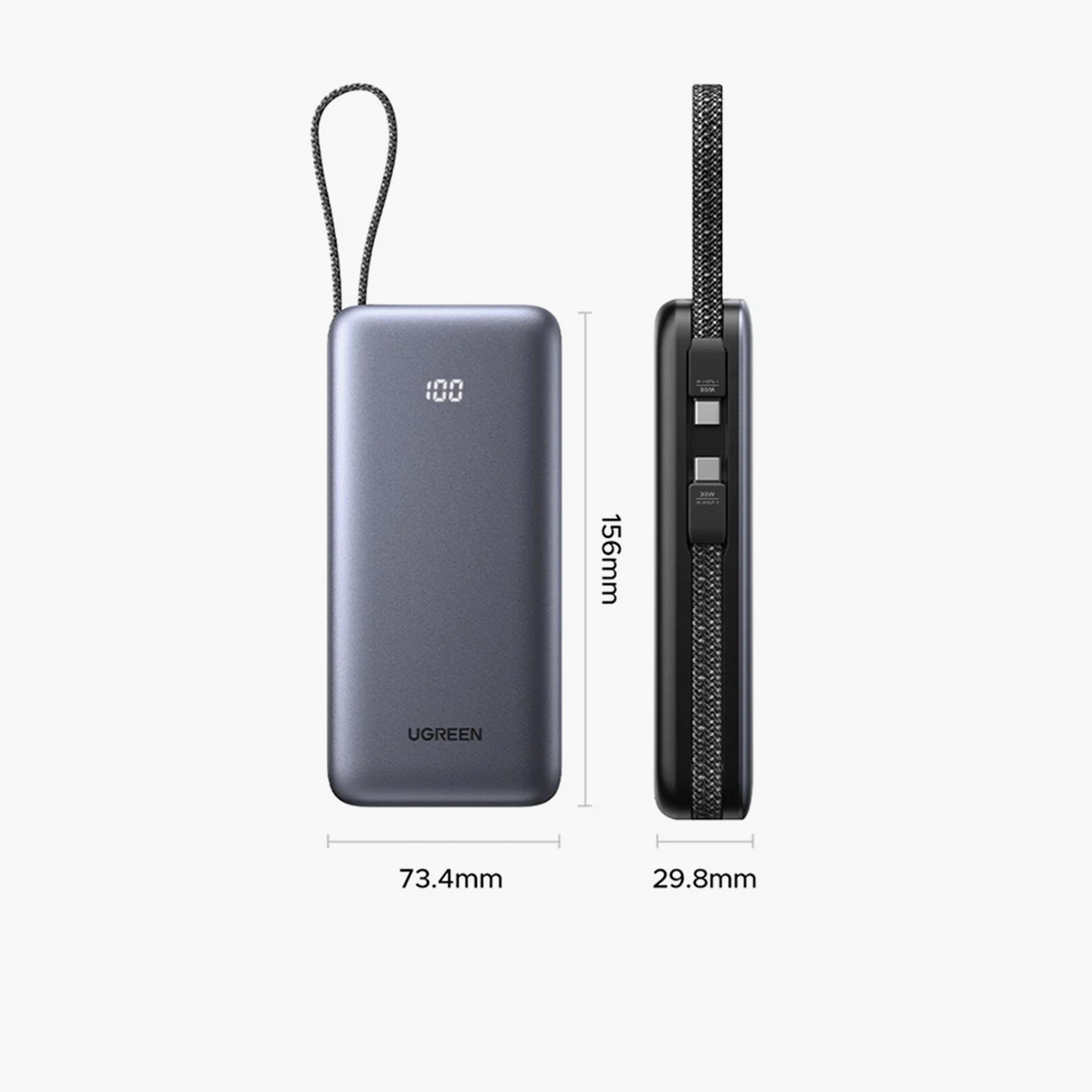 يوغرين - شاحن متنقل مزود بكابل مدمج، منافذ USB-C وUSB، سعة 20000 مللي أمبير، قدرة 30 واط - رمادي-electronics-accessories-mobileaccesories-image-2