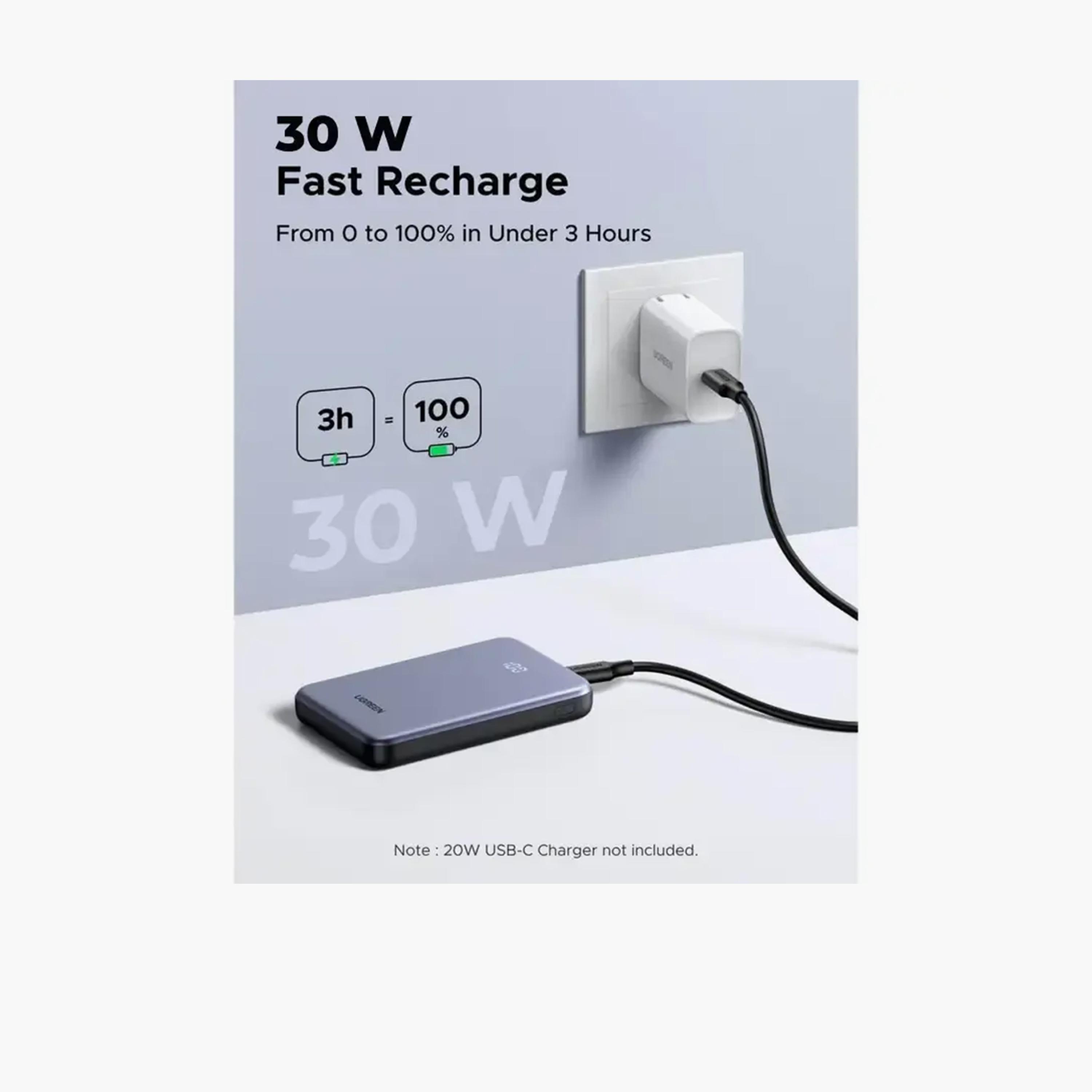 يوغرين - شاحن متنقل مزود بكابل مدمج، منافذ USB-C وUSB، سعة 20000 مللي أمبير، قدرة 30 واط - رمادي-electronics-accessories-mobileaccesories-image-3