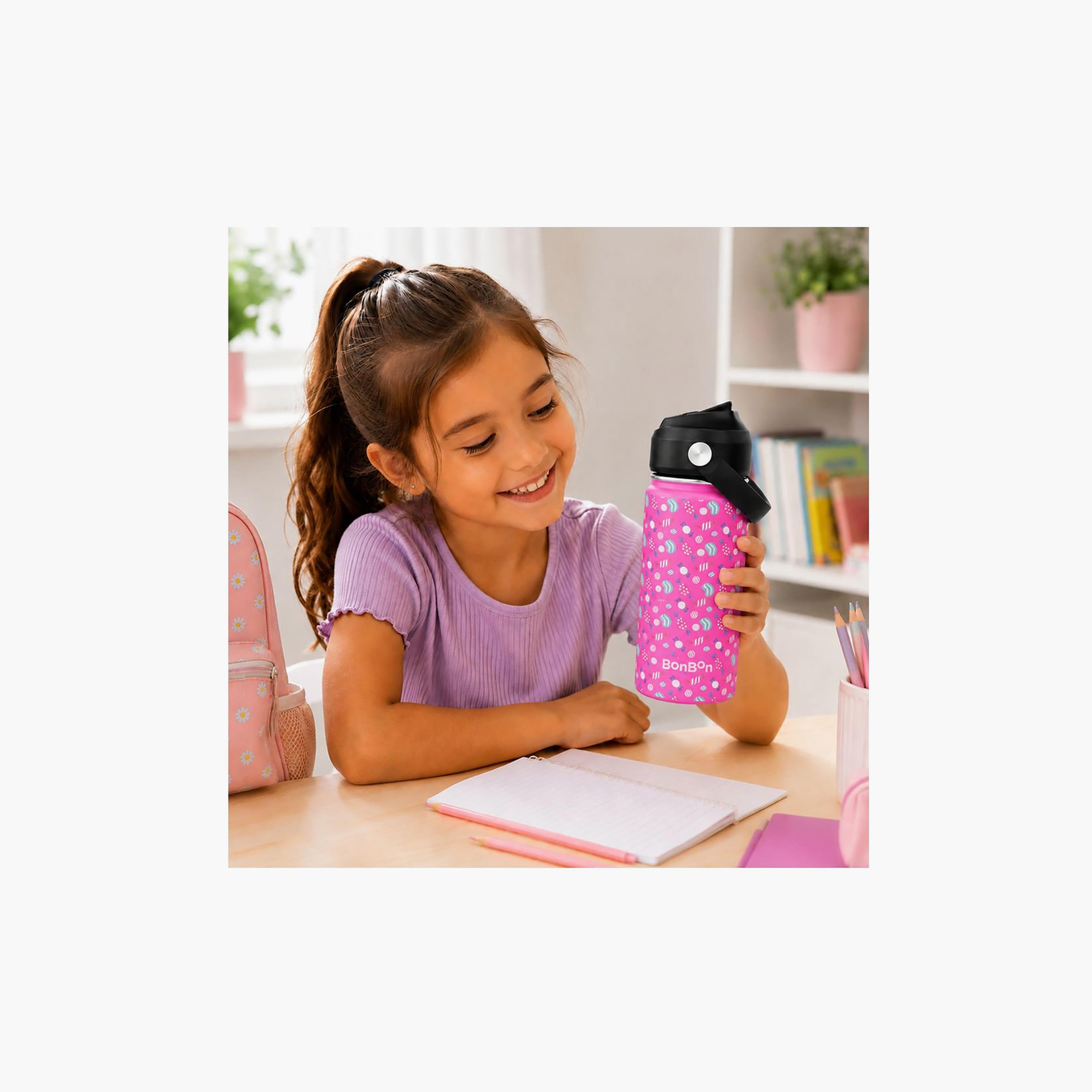 Stainless Steel Water Bottle with Flip Straw Lid Spout & Carry Handle - 350 ml-school-waterbottles-image-5