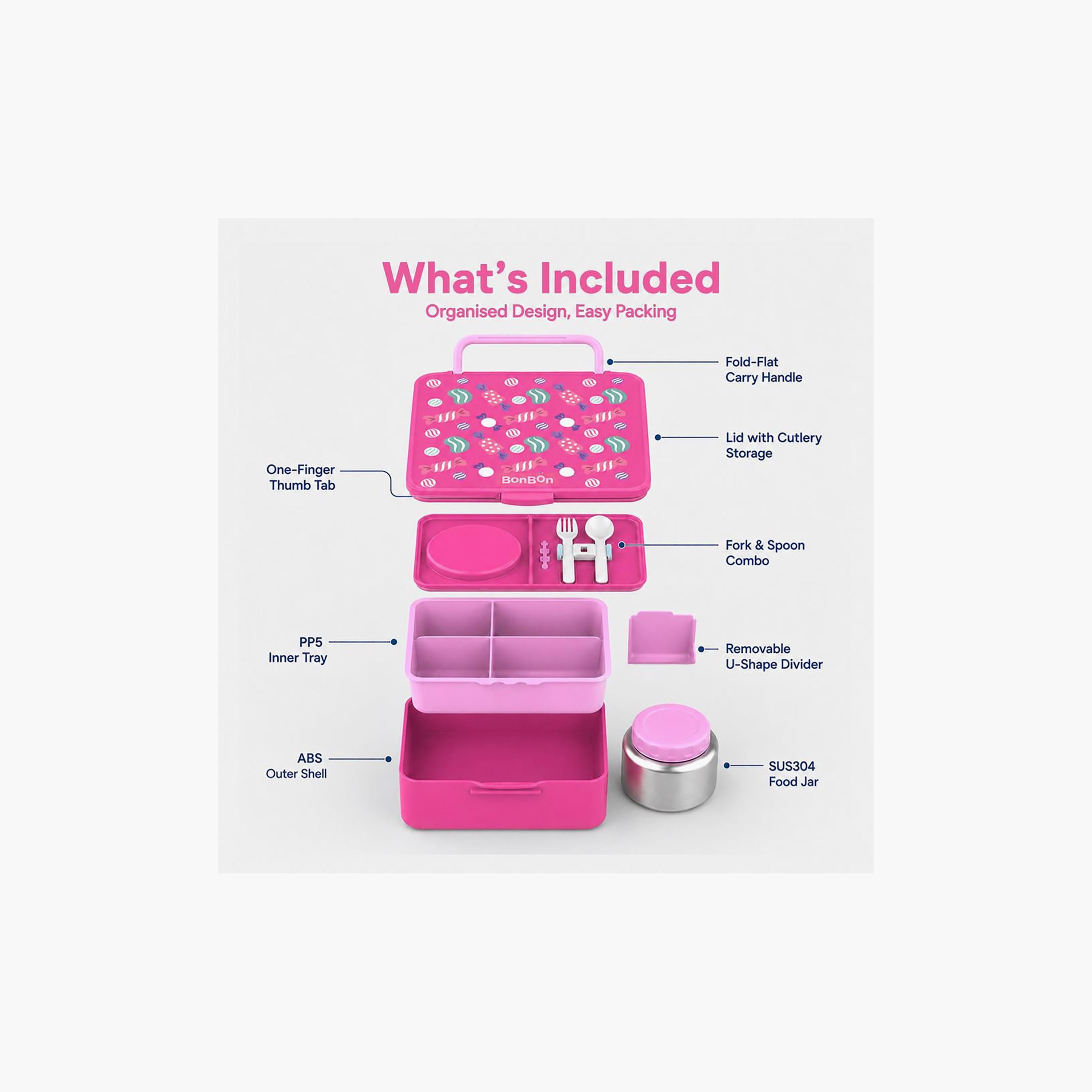 صندوق غداء بونبون كانديز بـ 4 مقصورات للبنات مع علبة سناك - 1800 مل-school-lunchessentials-lunchboxes-image-2