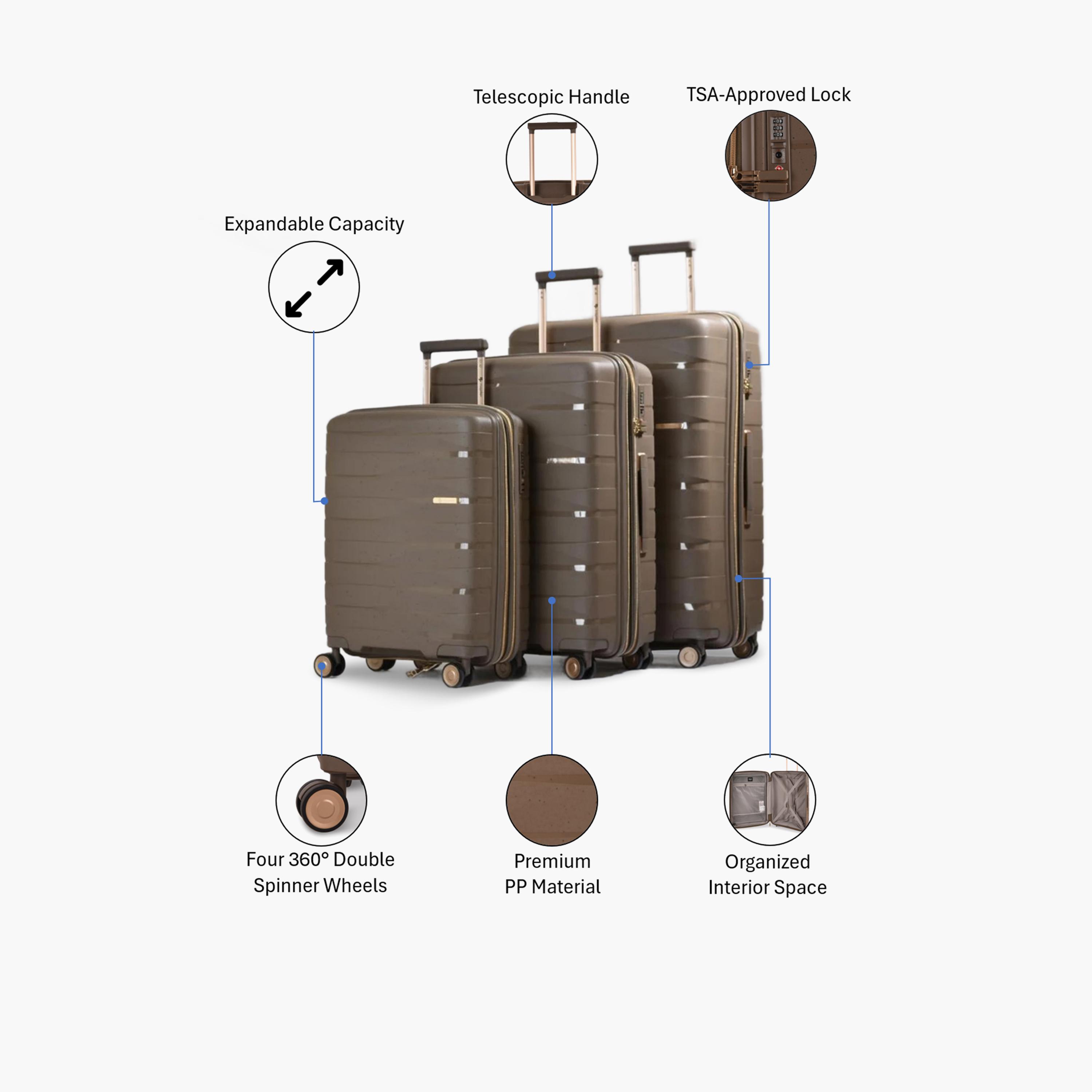 ماجلان - طقم شنط سفر 3 قطع جوانب صلبة من البولي بروبيلين أربع عجلات دوارة قفل TSA-travel-luggagesandbags-luggage-image-2