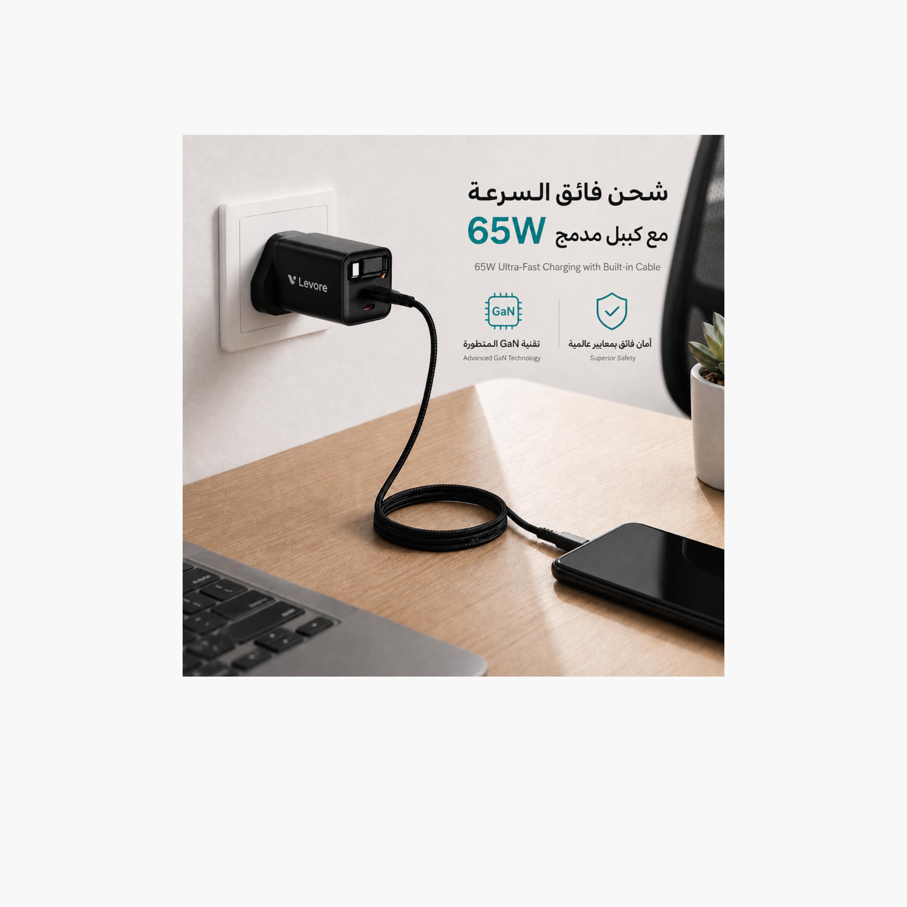 ليفور - شاحن حائط USB-C وUSB بتقنية GaN مع كابل مدمج  65 واط - أسود-electronics-accessories-mobileaccesories-image-4
