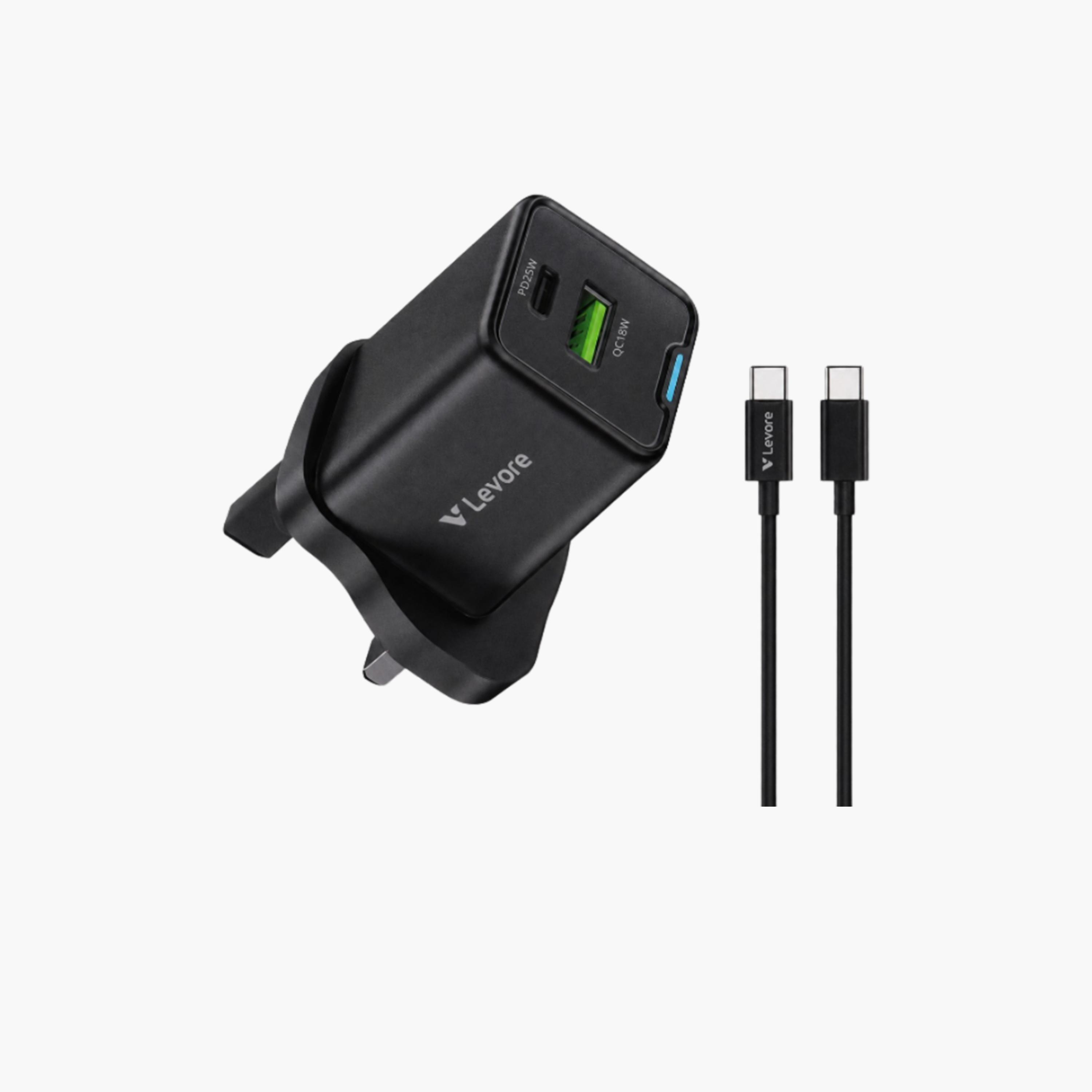 ليفور - شاحن حائط بتقنية GaN منفذ USB ومنفذ USB-C مع كابل 25 واط - أسود-electronics-accessories-mobileaccesories-image-1