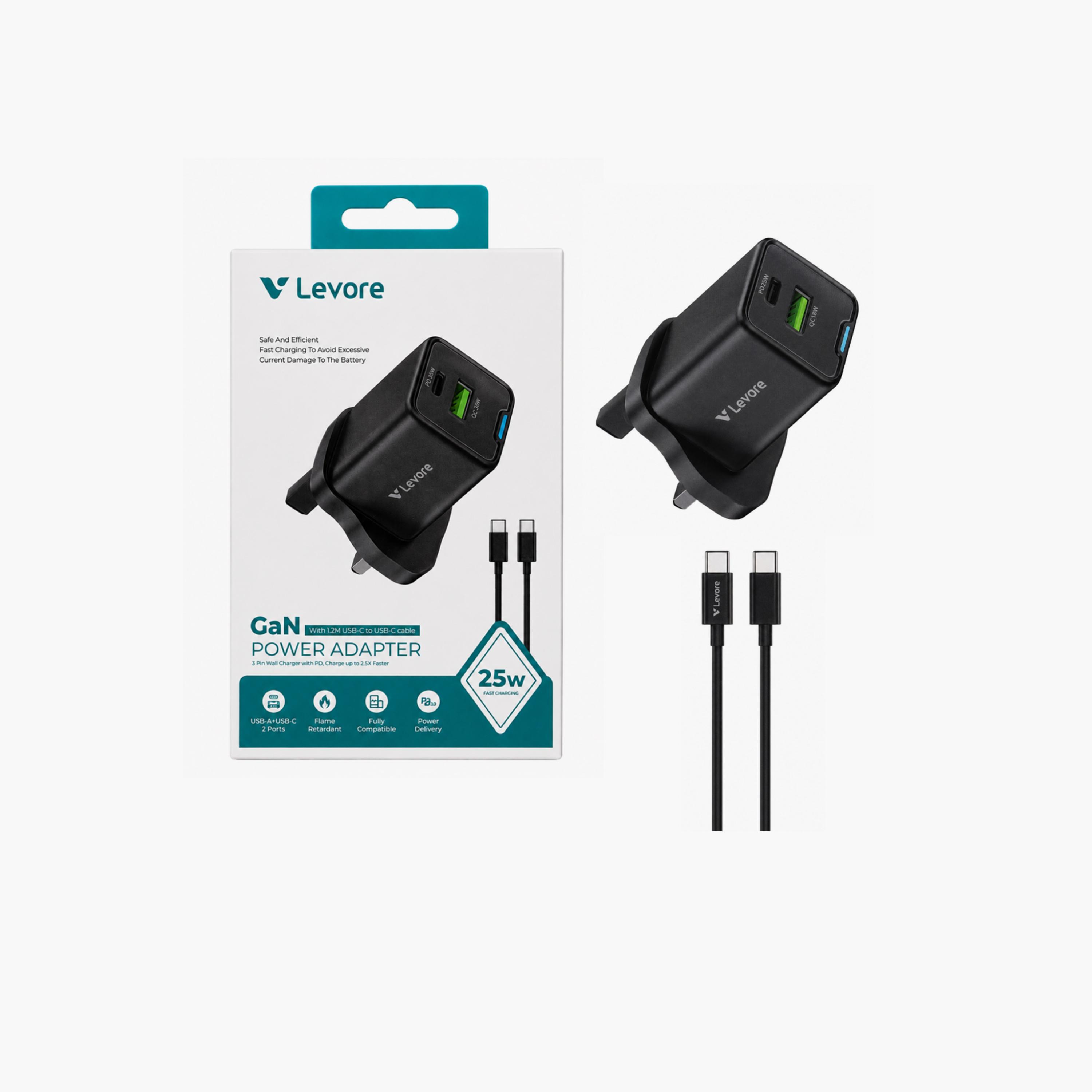 ليفور - شاحن حائط بتقنية GaN منفذ USB ومنفذ USB-C مع كابل 25 واط - أسود-electronics-accessories-mobileaccesories-image-3