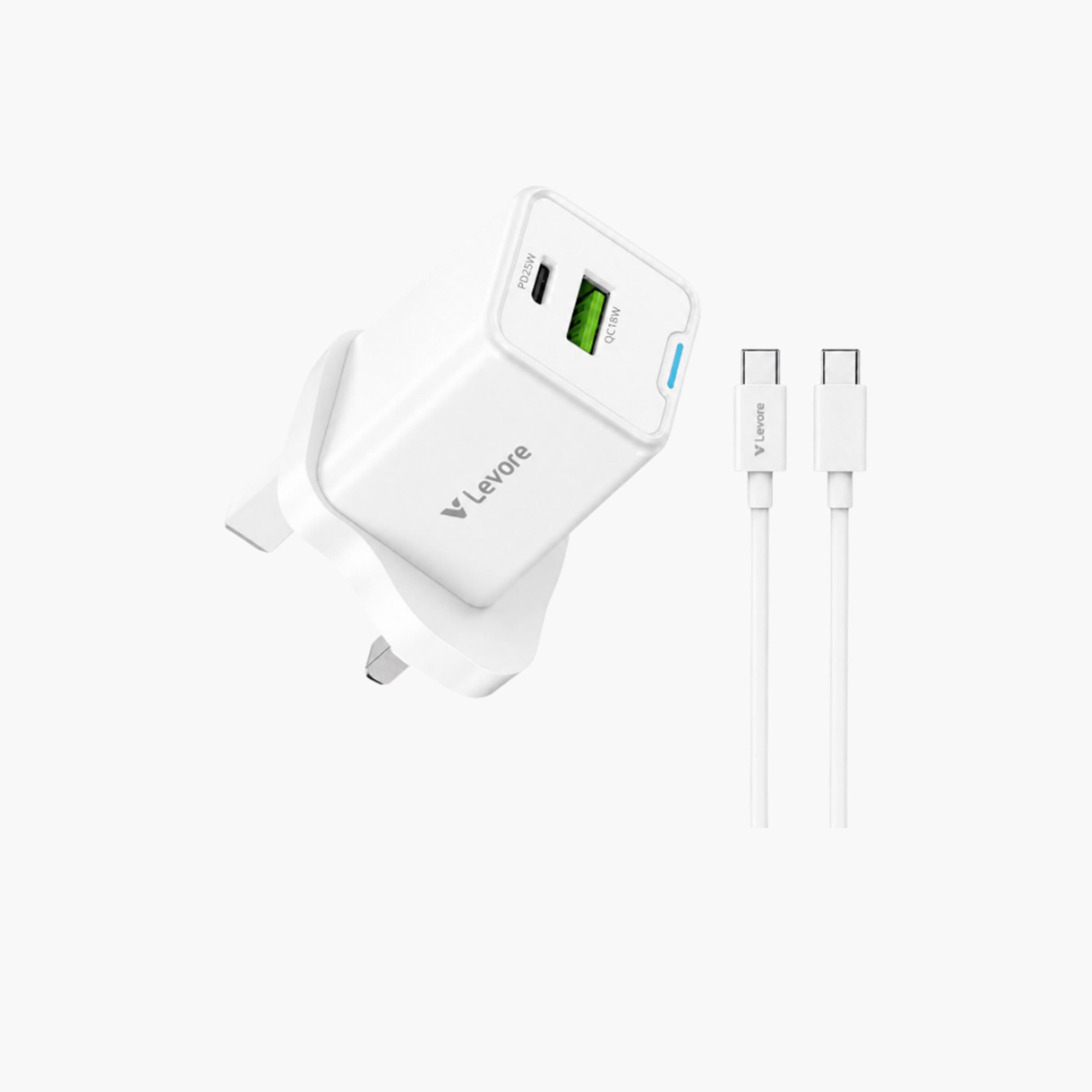 ليفور - شاحن حائط بتقنية GaN منفذ USB ومنفذ USB-C مع كابل 25 واط - أبيض-electronics-accessories-mobileaccesories-image-1