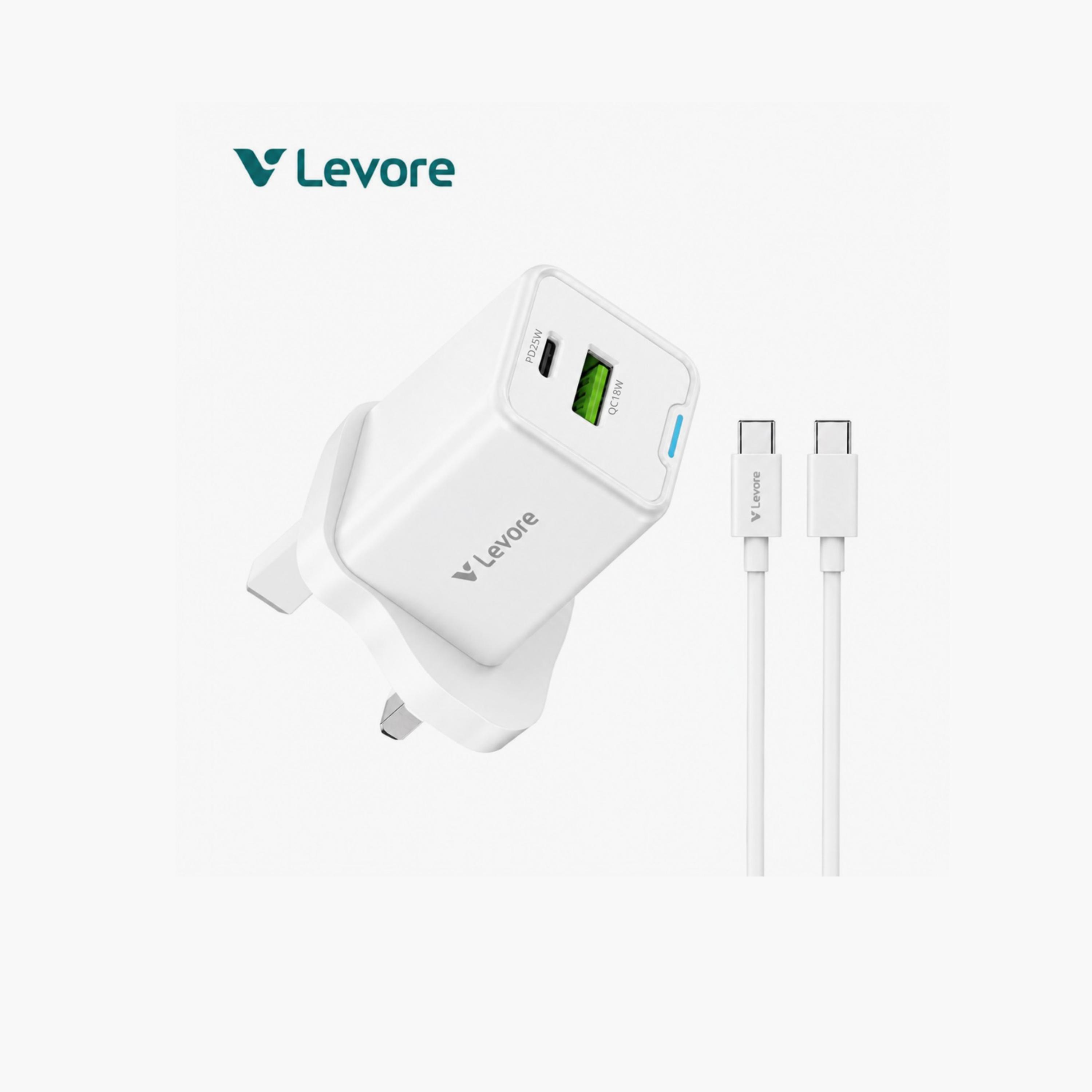 ليفور - شاحن حائط بتقنية GaN منفذ USB ومنفذ USB-C مع كابل 25 واط - أبيض-electronics-accessories-mobileaccesories-image-2