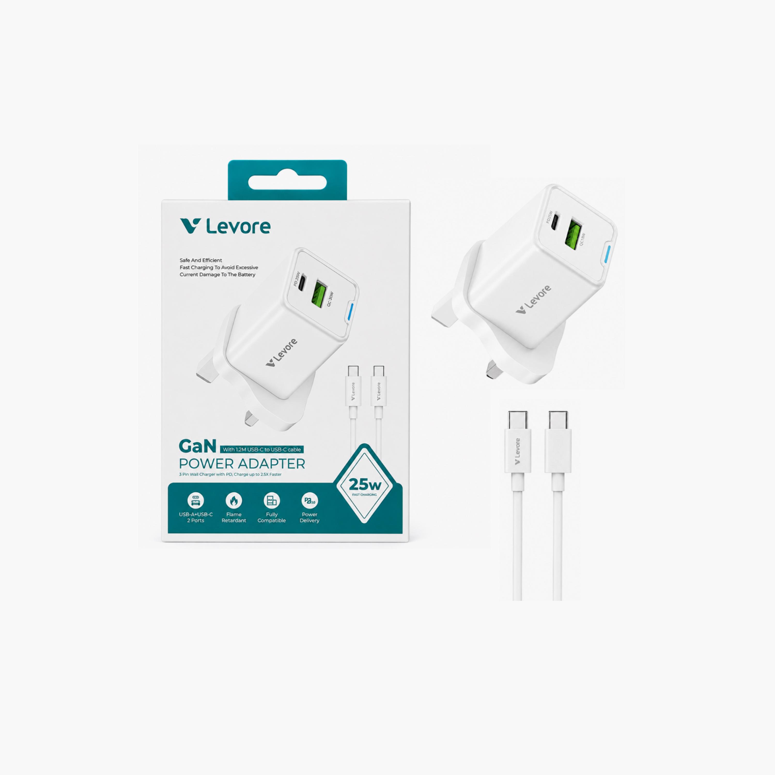 ليفور - شاحن حائط بتقنية GaN منفذ USB ومنفذ USB-C مع كابل 25 واط - أبيض-electronics-accessories-mobileaccesories-image-3