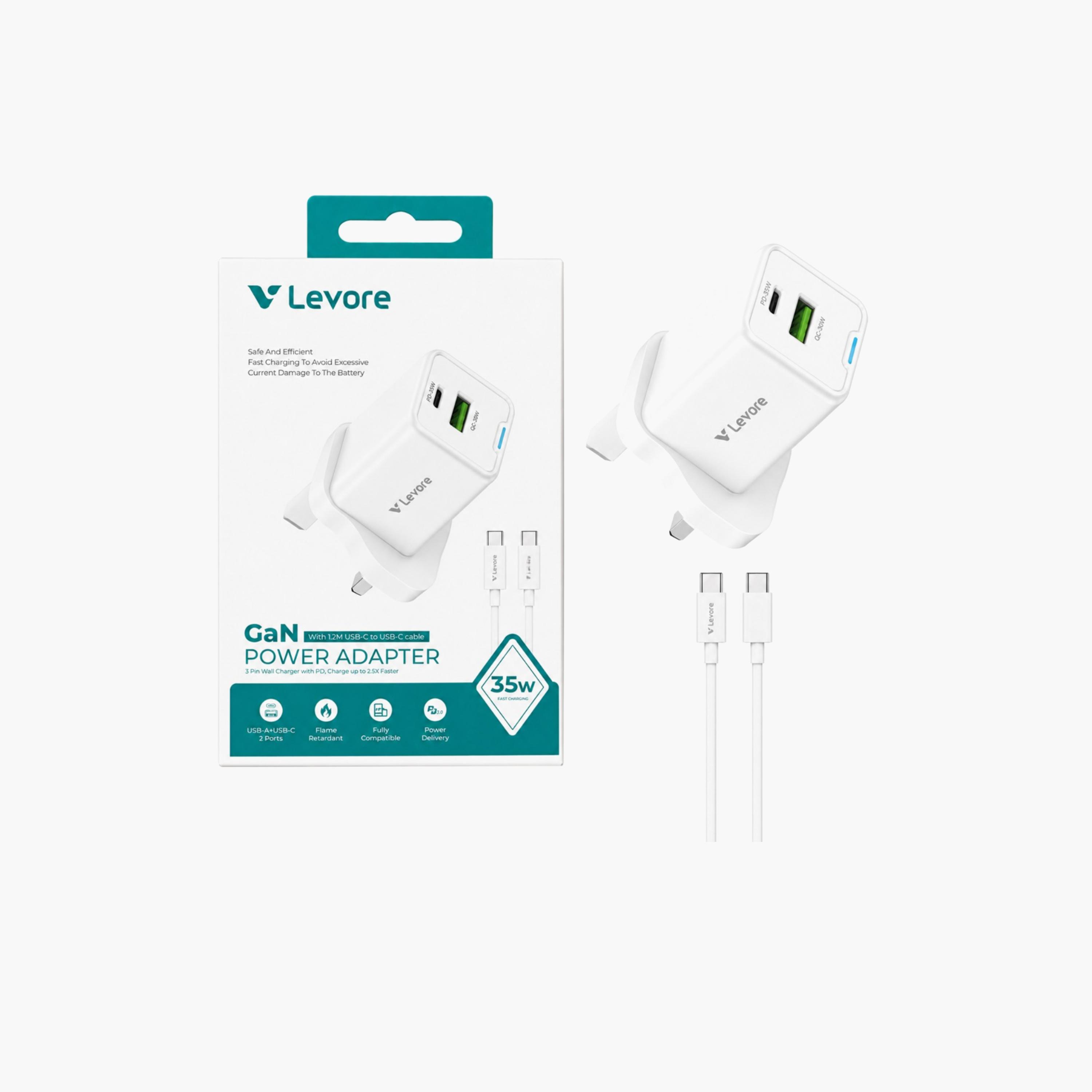 ليفور - شاحن حائط منفذ USB-C وUSB بتقنية GaN مع كابل مرفق قدرة 35 واط - أبيض-electronics-accessories-mobileaccesories-image-3