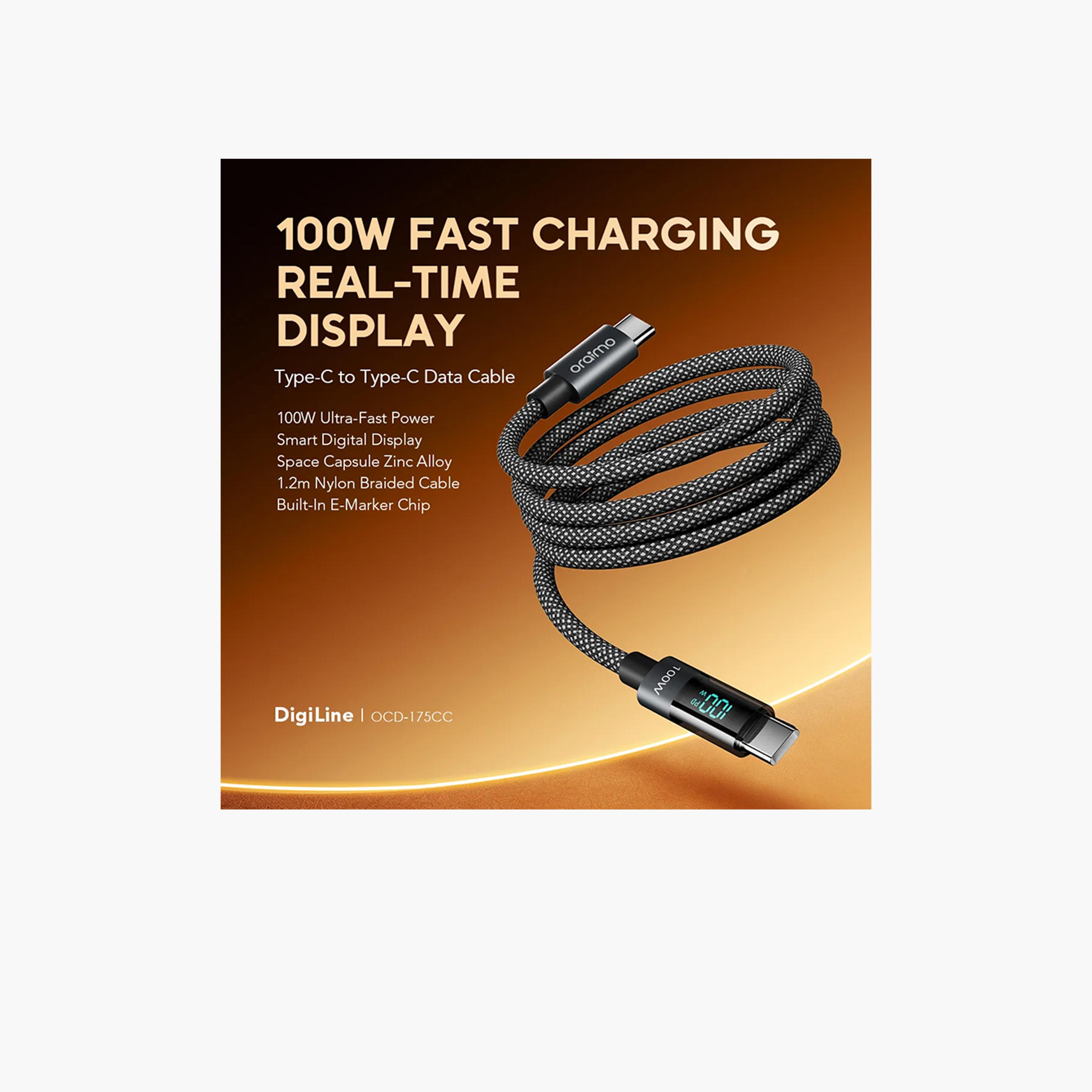 اورايمو - كابل Digline USB-C إلى USB-C 1.2 متر مع شاشة عرض قدرة 100 واط - أسود-electronics-accessories-mobileaccesories-image-3
