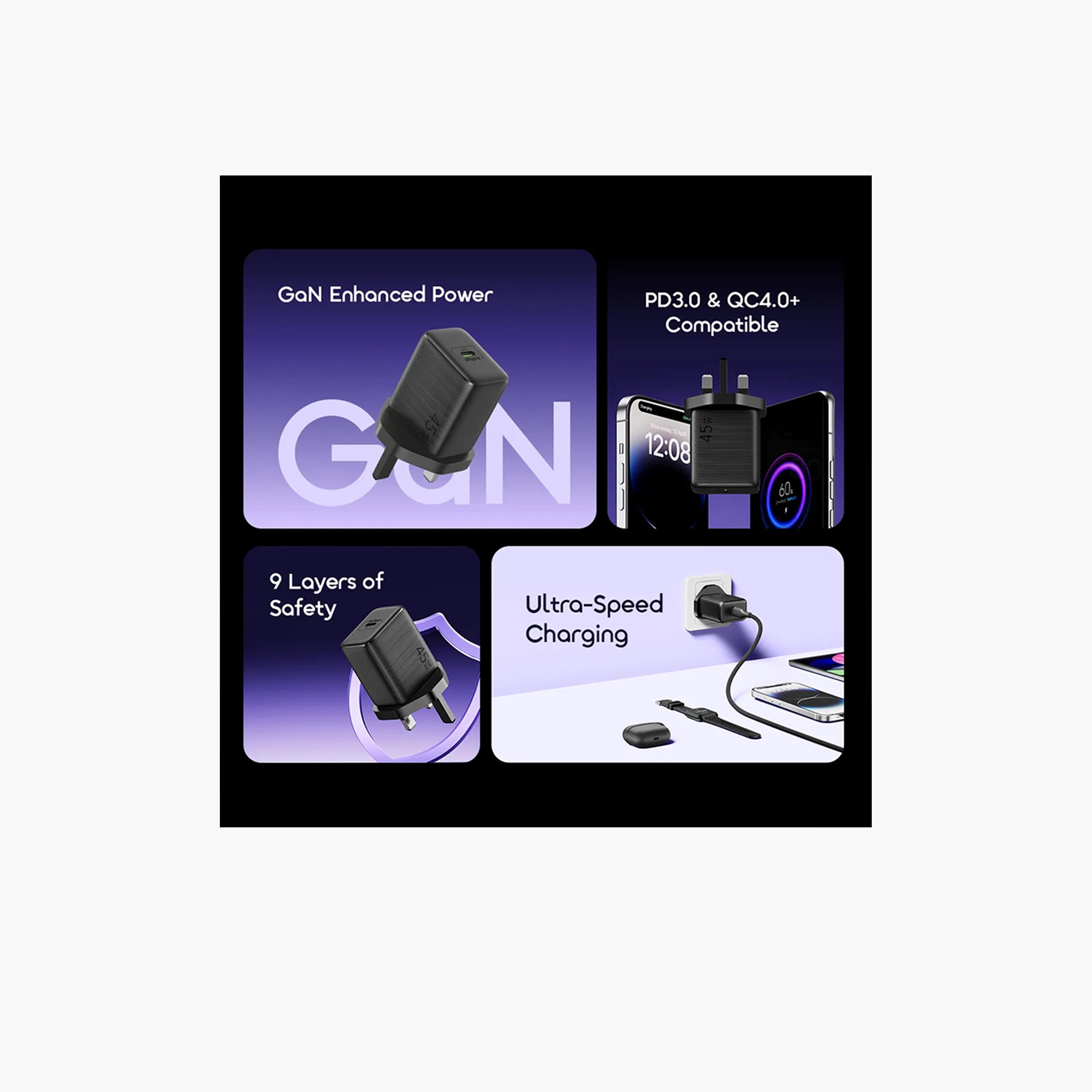 اورايمو - شاحن حائط باورجان 451 GaN منفذ USB-C قدرة 45 واط مع كابل USB-C - أسود-electronics-accessories-mobileaccesories-image-2