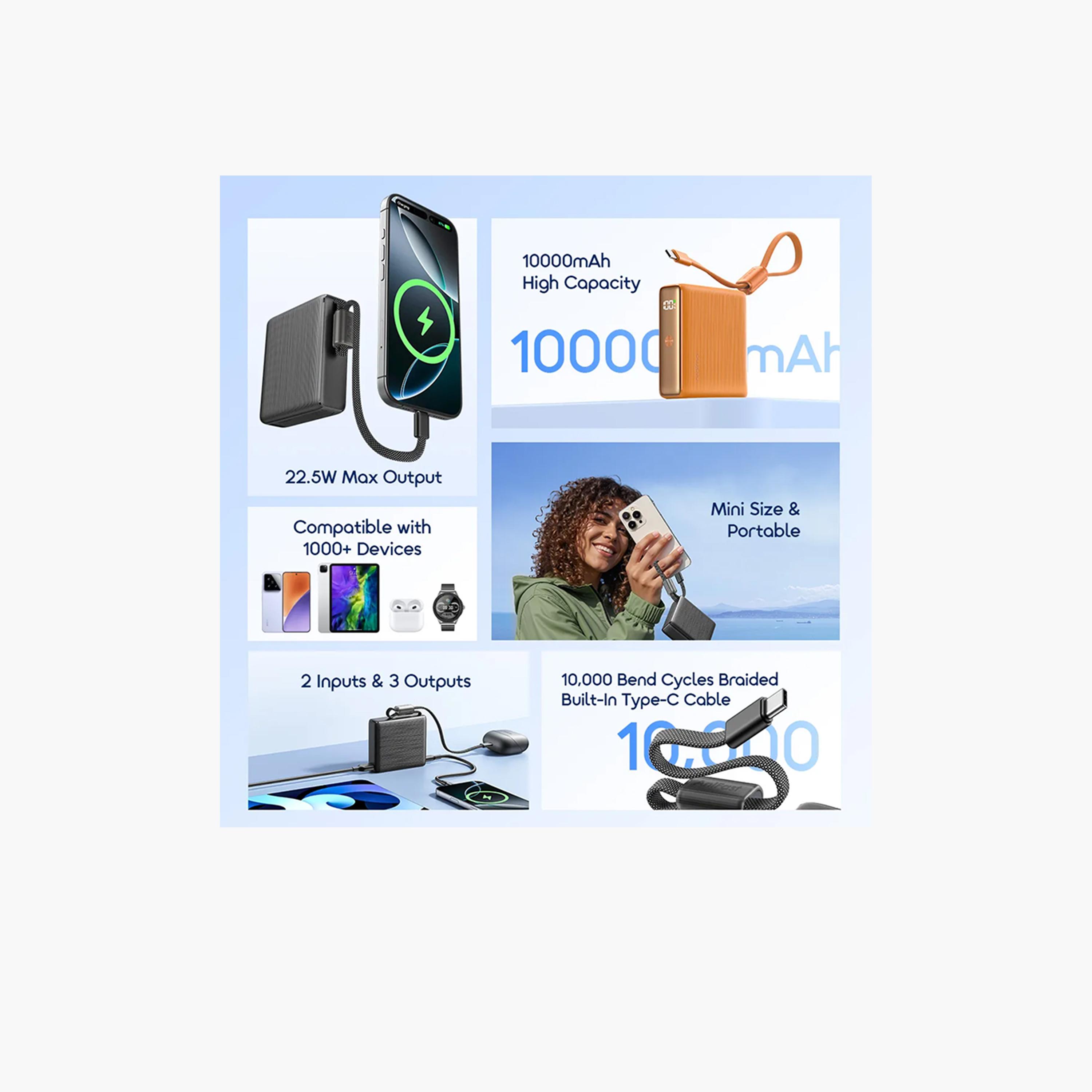 Oraimo PowerNova L11 Power Bank with USB-C and USB Ports, Built-in USB-C Cable 10000mAh 22.5W - Orange-electronics-accessories-mobileaccesories-image-2