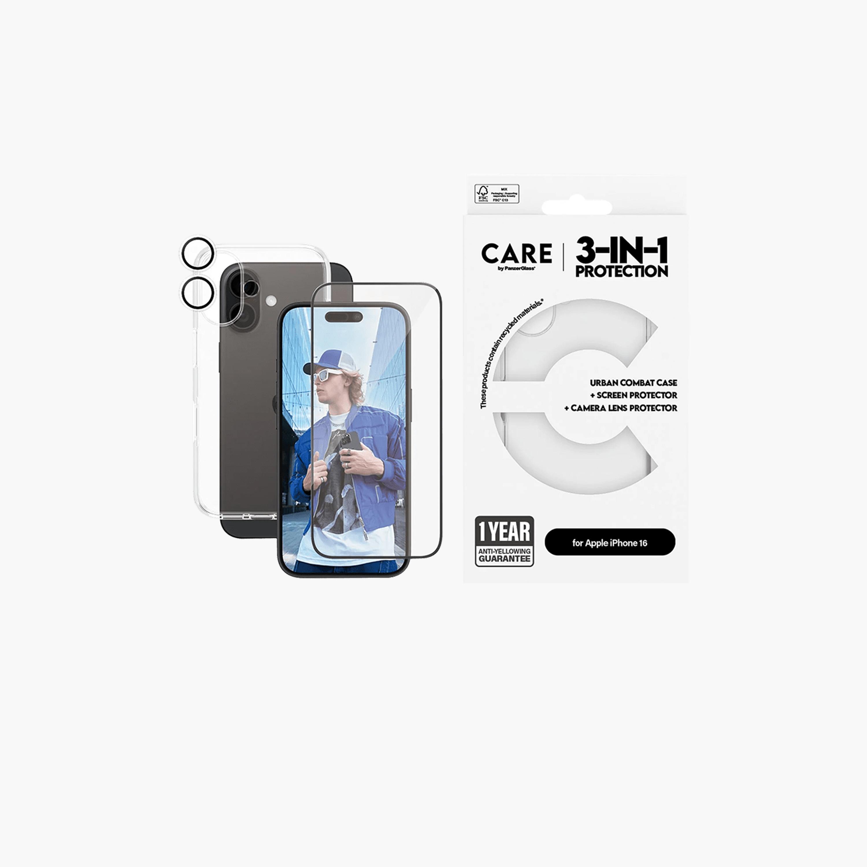 بانزر جلاس - مجموعة كير فلاغ شيب 3 في 1 لهاتف آي فون 16 - شفاف-electronics-accessories-mobileaccesories-image-1