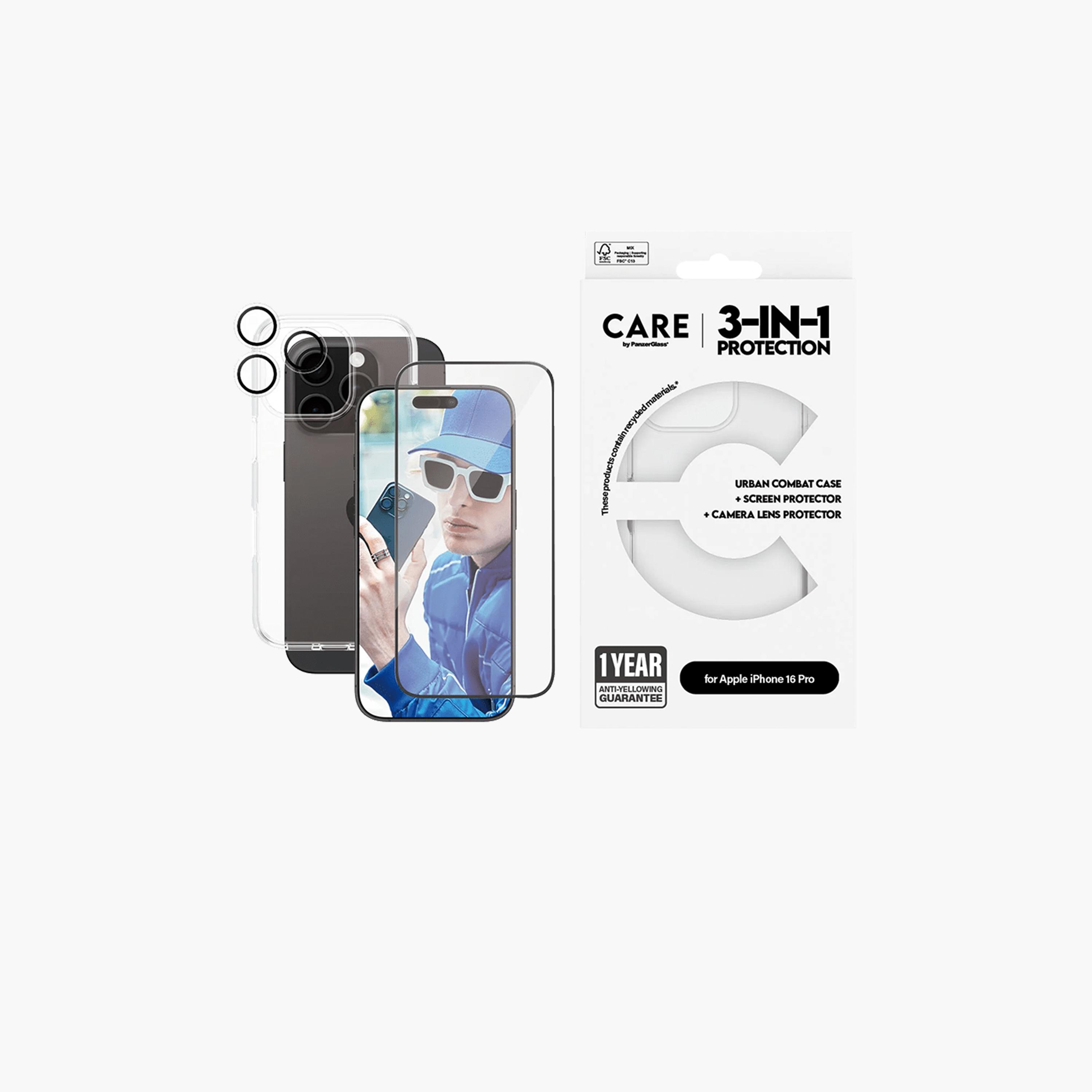 بانزر جلاس - مجموعة كير فلاغ شيب 3 في 1 لهاتف آي فون 16 برو - شفاف-electronics-accessories-mobileaccesories-image-1