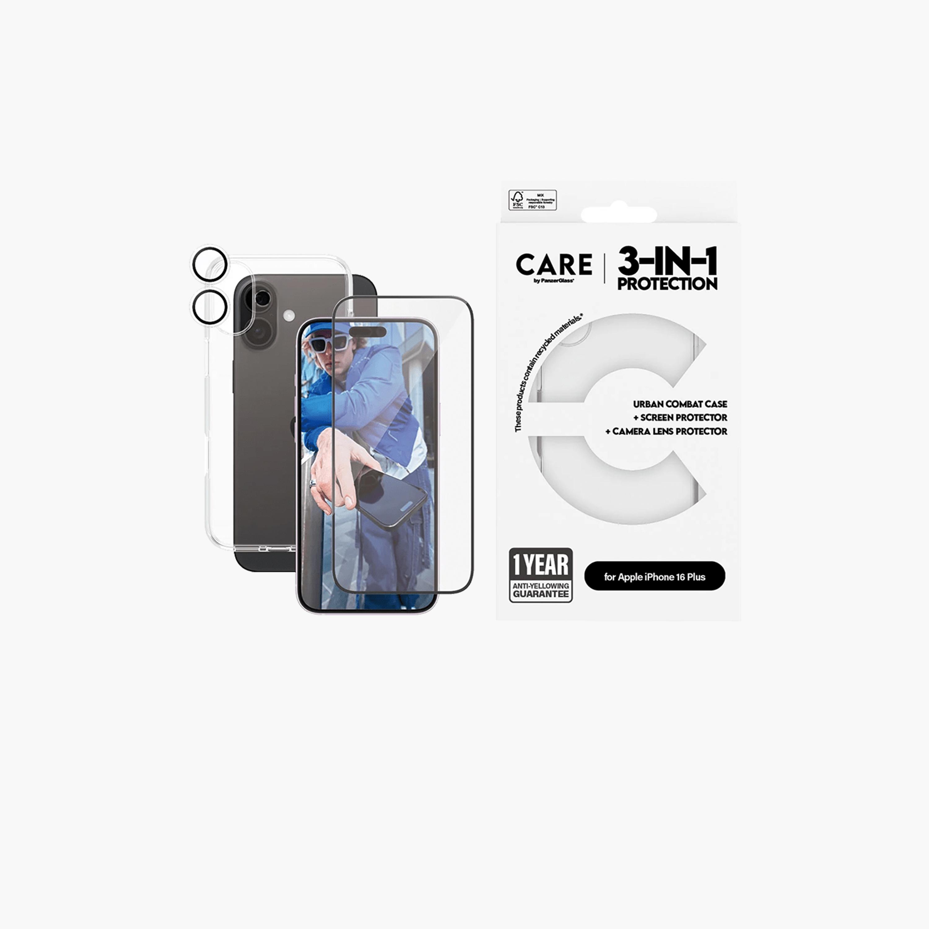 بانزر جلاس - مجموعة كير فلاغ شيب 3 في 1 لهاتف آي فون 16 بلس - شفاف-electronics-accessories-mobileaccesories-image-1