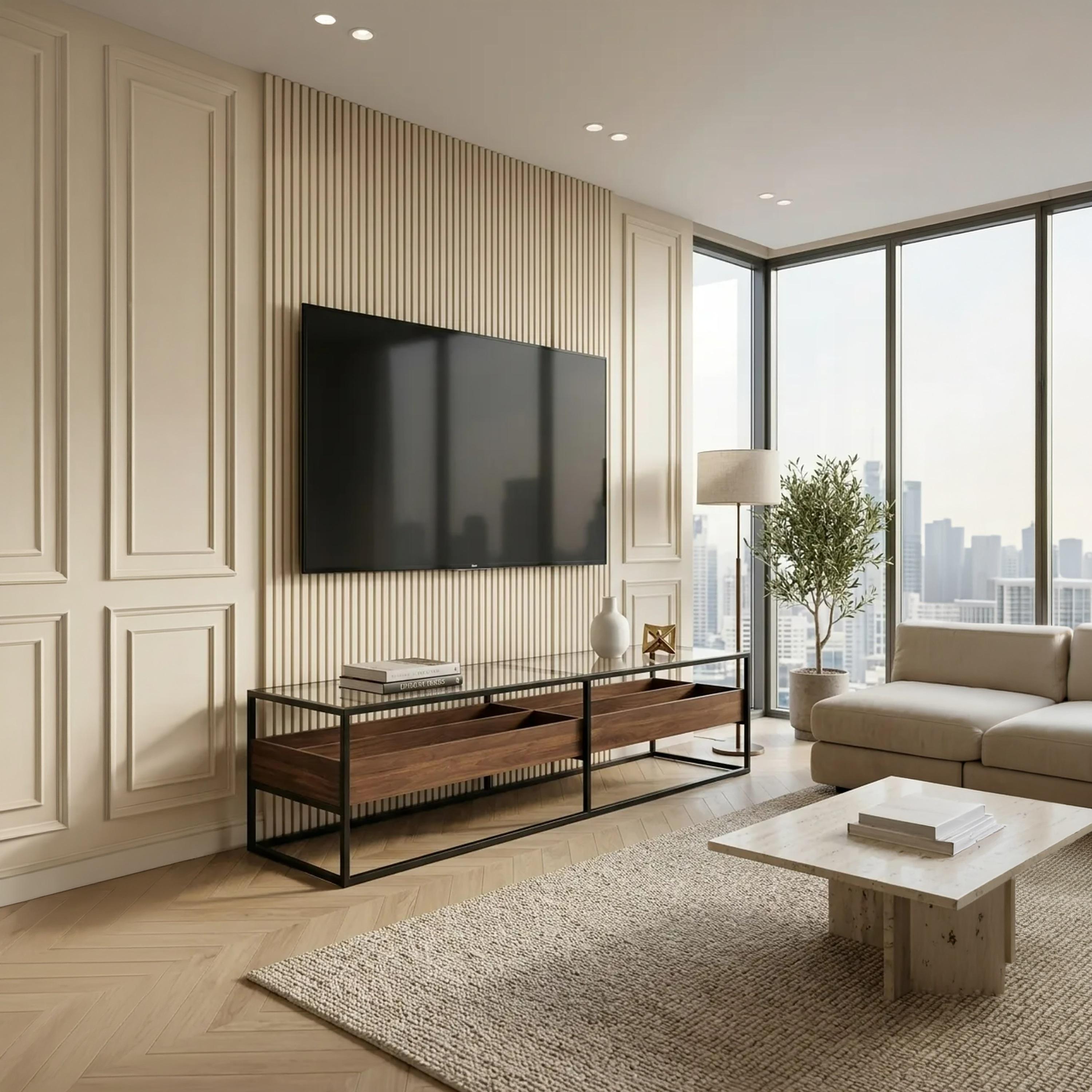 طاولة تلفزيون زجاجية مع صناديق تخزين من ماريا هومز-furniture-livingroom-tvandmediaunits-image-4