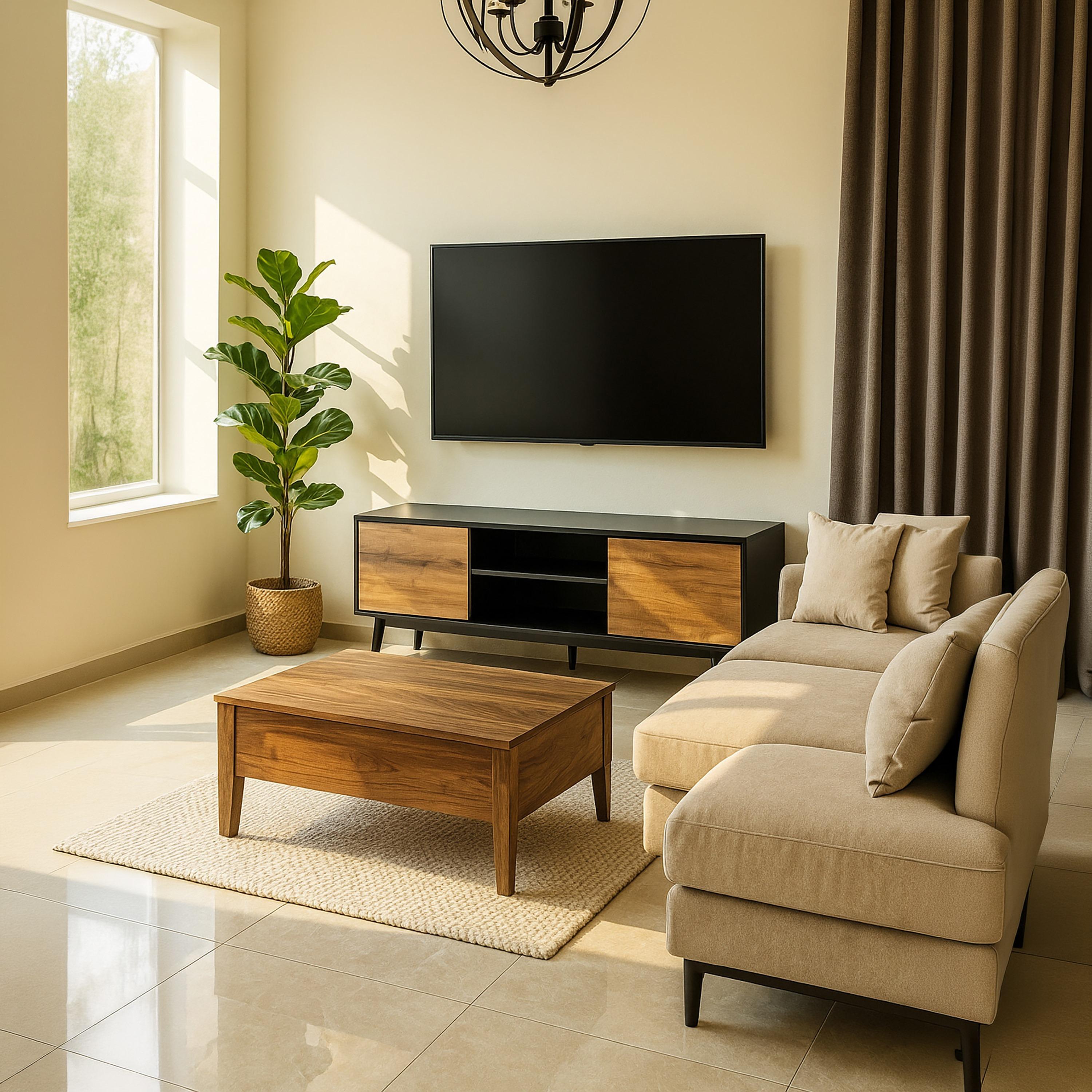 طاولة تلفزيون خشبية بدرجين ورفين من ماريا هومز-furniture-livingroom-tvandmediaunits-image-3