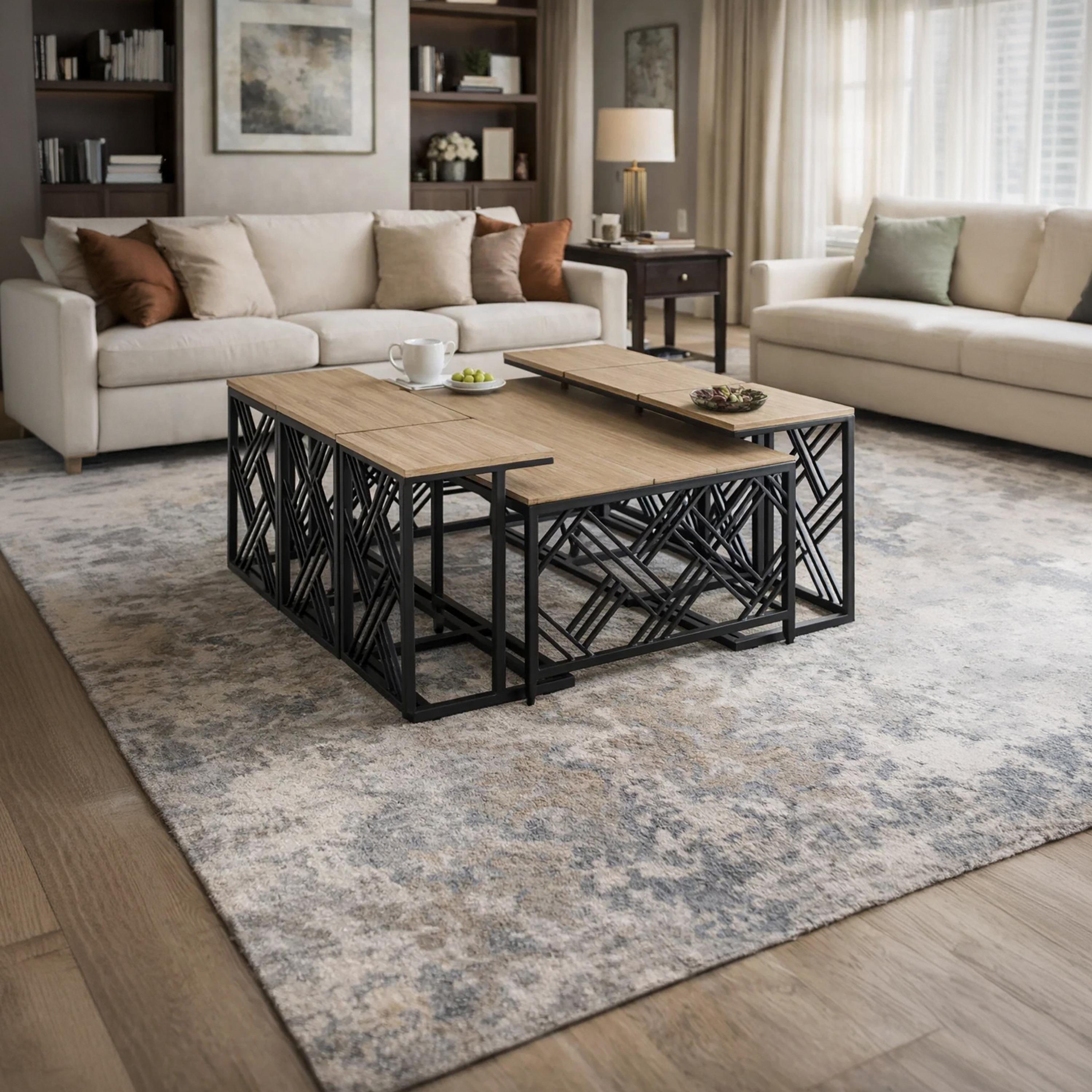 طاولة وسط وجانبية خشبية من ماريا هومز مقاس 130×70×45 سم - طقم من 7 قطع-furniture-livingroom-coffeetables-image-1