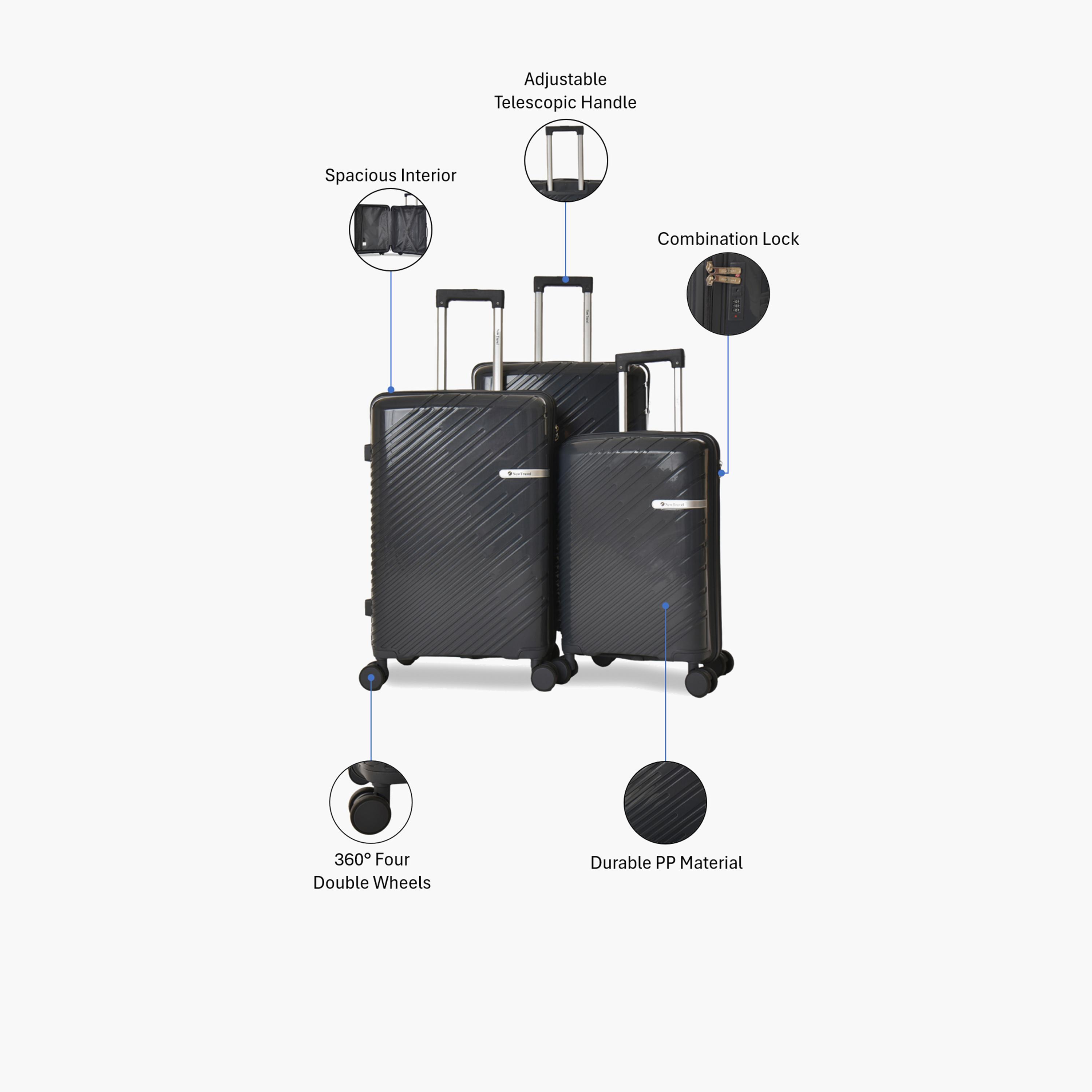 New Travel Set of 3 Polypropylene Hard-Sided 4-Wheeler Spinner Trolley Bags with Combination Lock-travel-luggagesandbags-luggage-image-2
