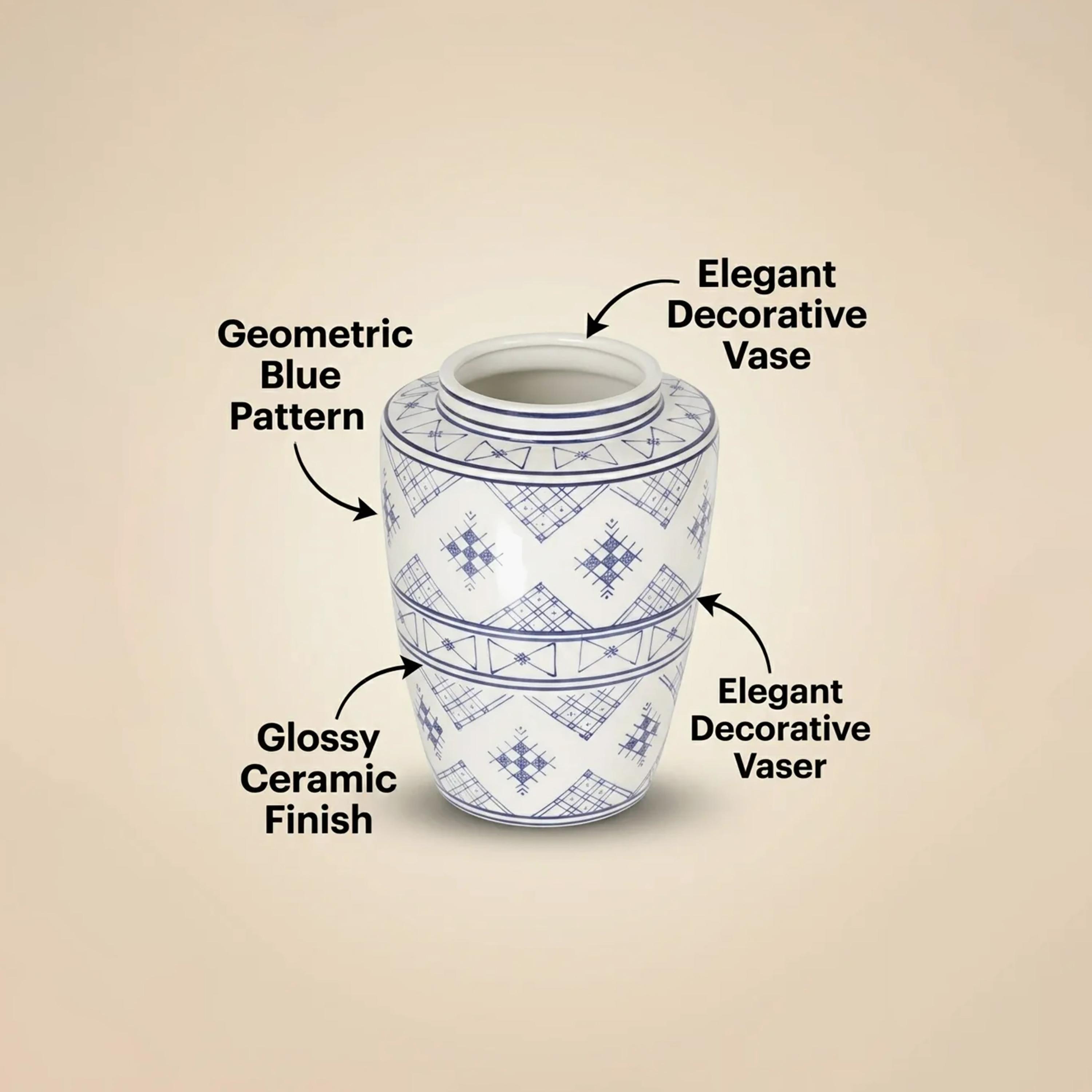 مزهرية سيراميك بنقشة هندسية بتصميم أزرق وأبيض عصري من ماريا هومز-household-decor-vasesandbowls-image-4