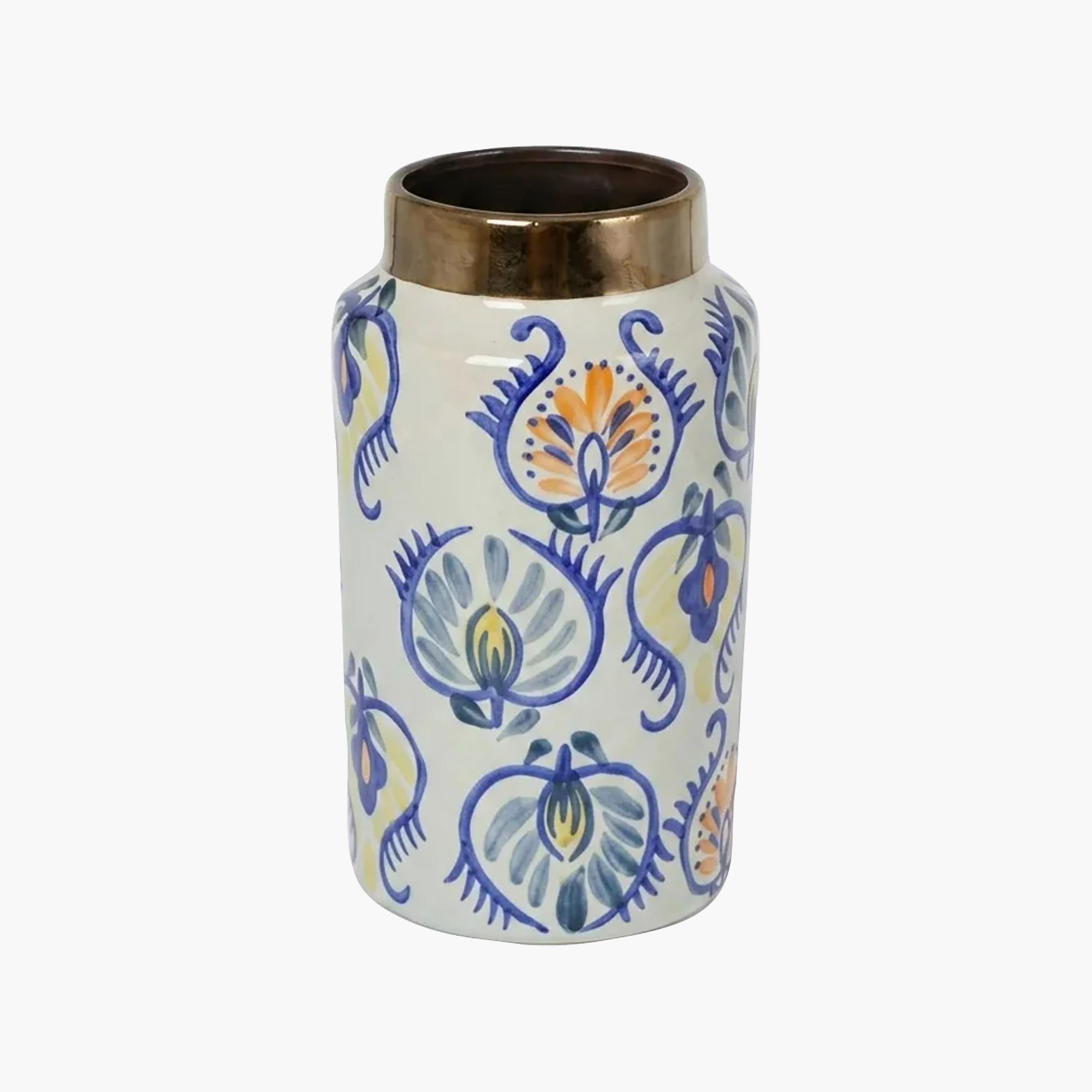 مزهرية أسطوانية بزخارف زهور ملونة ورقبة معدنية اللمسة من ماريا هومز-household-decor-vasesandbowls-image-5