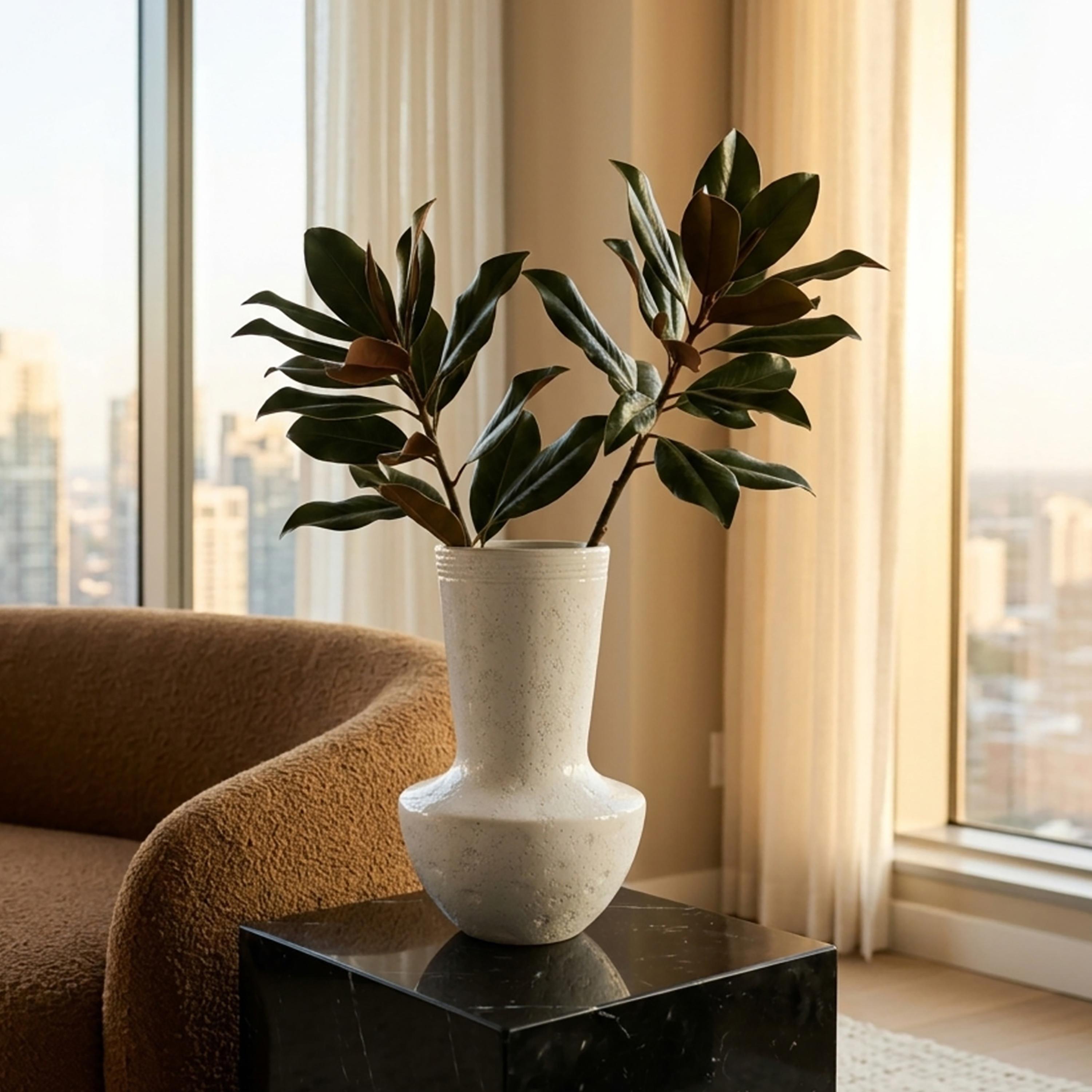 مزهرية سيراميك بيضاء بملمس حديث برقبة طويلة متسعة وقاعدة مستديرة من ماريا هومز-household-decor-vasesandbowls-image-3