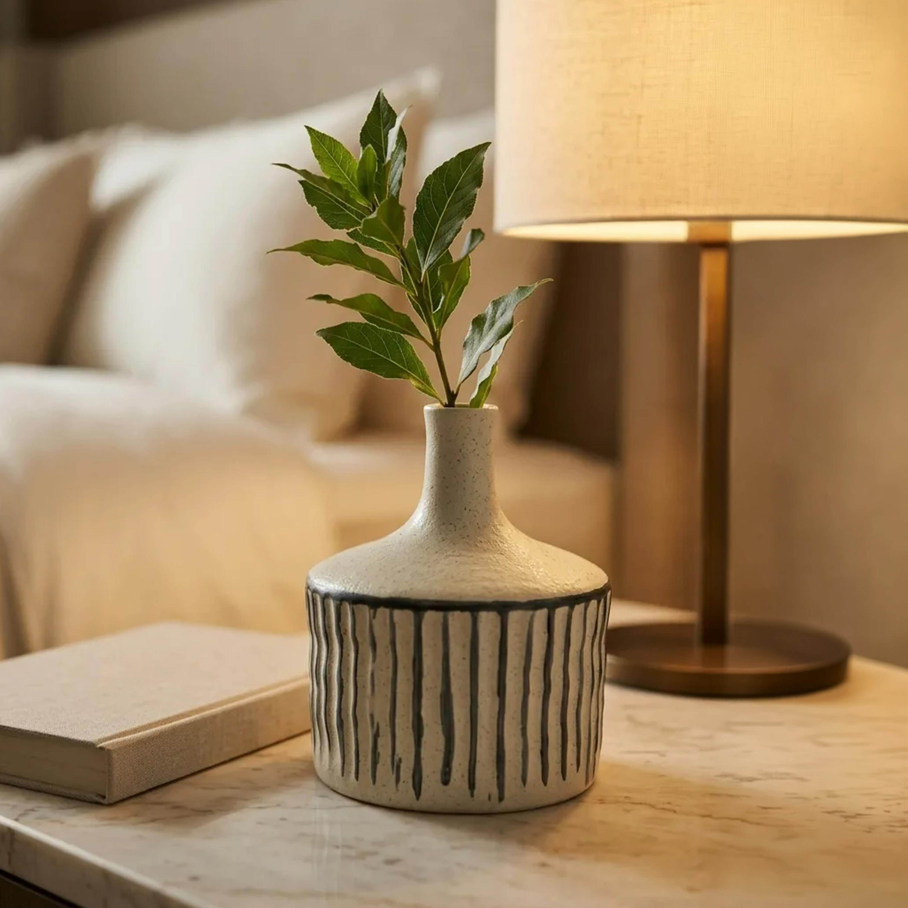Maria Homes Modern Cream & Black Striped Ceramic Vase with Narrow Neck-household-decor-vasesandbowls-image-1
