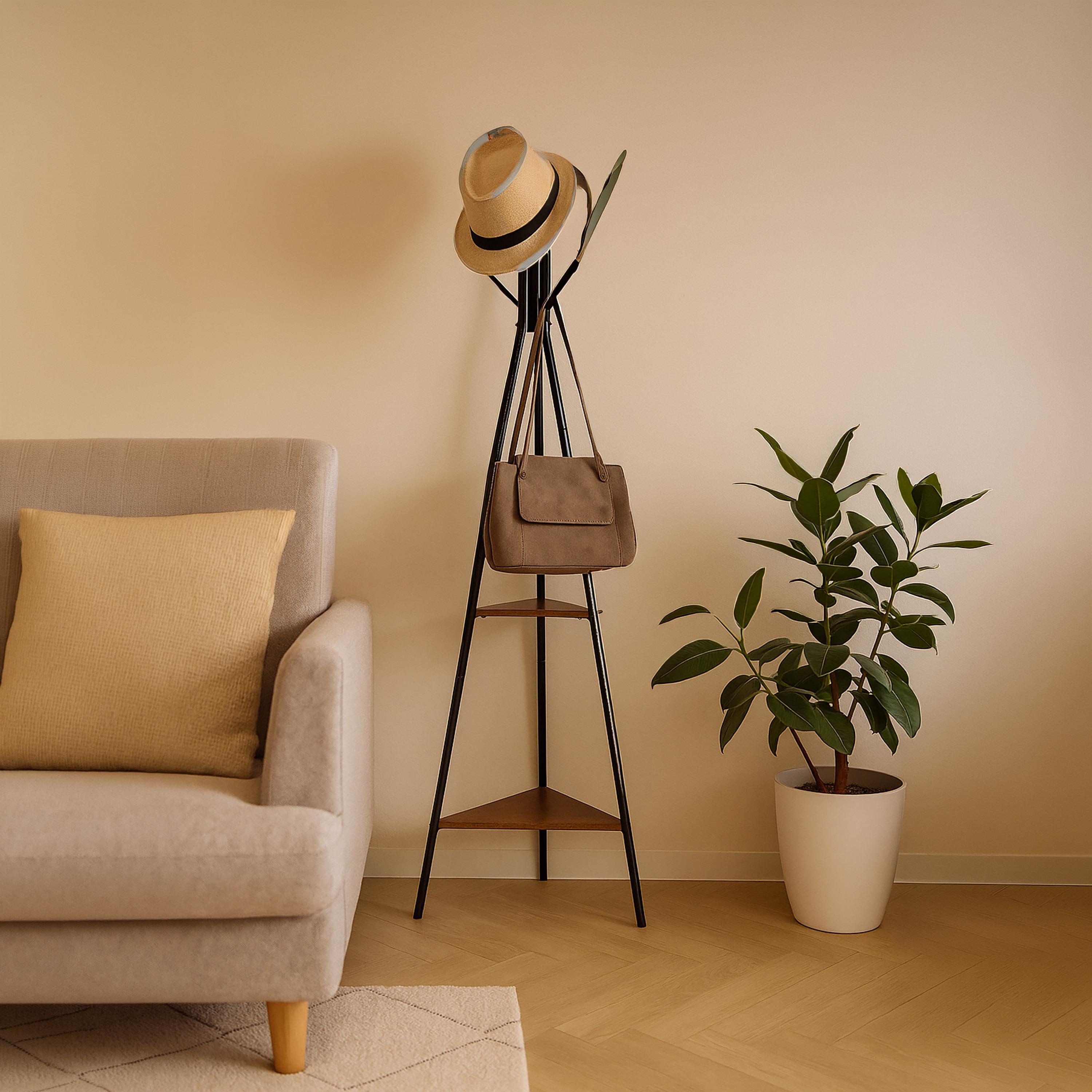 Maria Homes Modern Black Metal Coat Rack with Dual Wooden Shelves-household-storage-storagesolutions-tallhangers-image-1