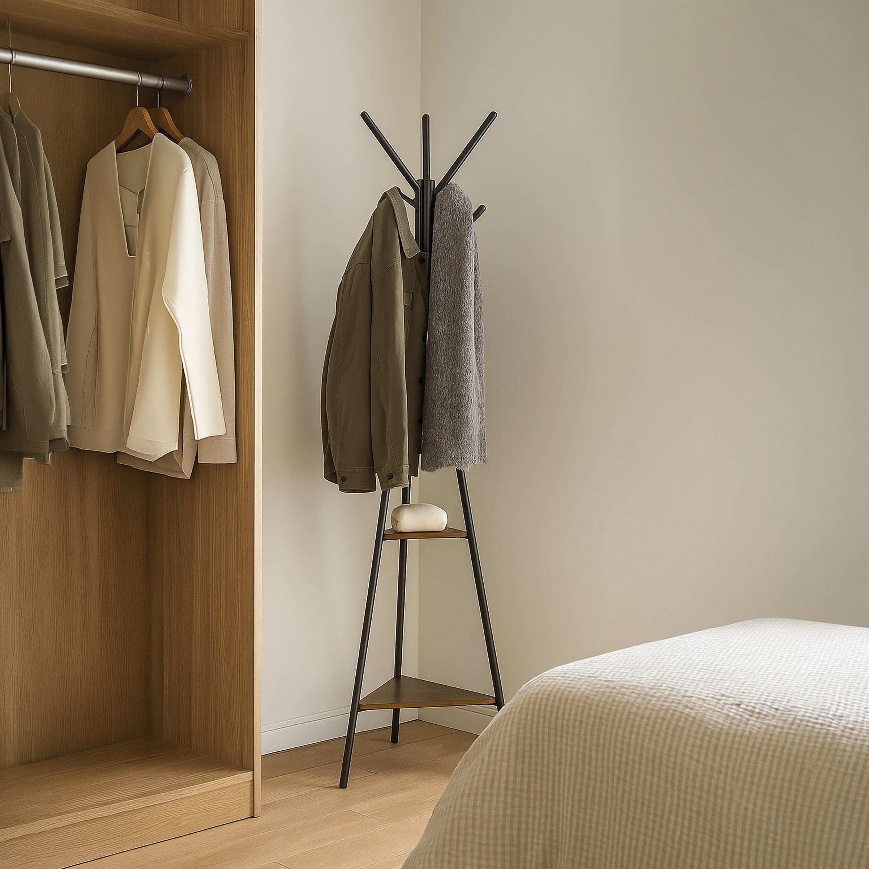 Maria Homes Modern Black Metal Coat Rack with Dual Wooden Shelves-household-storage-storagesolutions-tallhangers-image-2