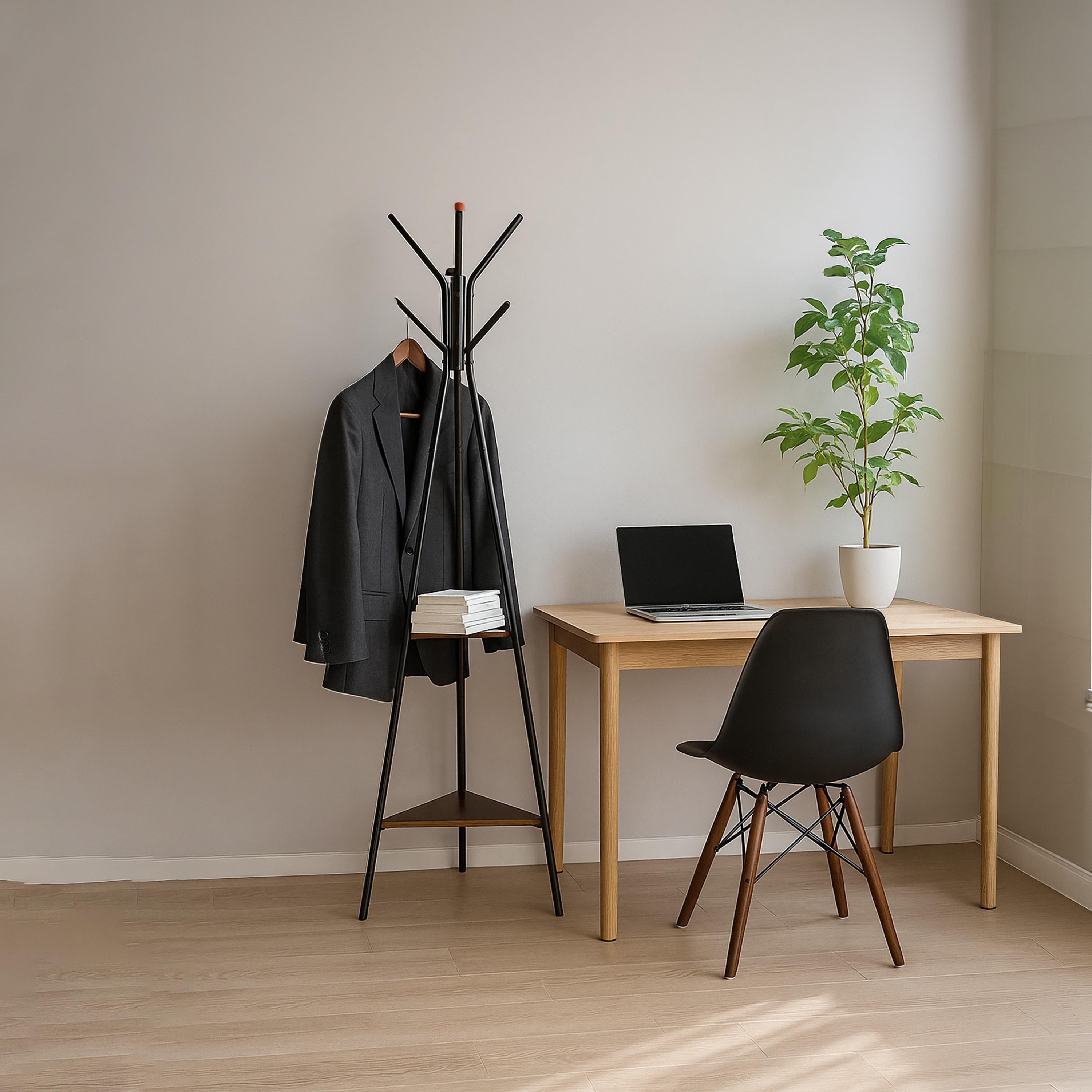 Maria Homes Modern Black Metal Coat Rack with Dual Wooden Shelves-household-storage-storagesolutions-tallhangers-image-3