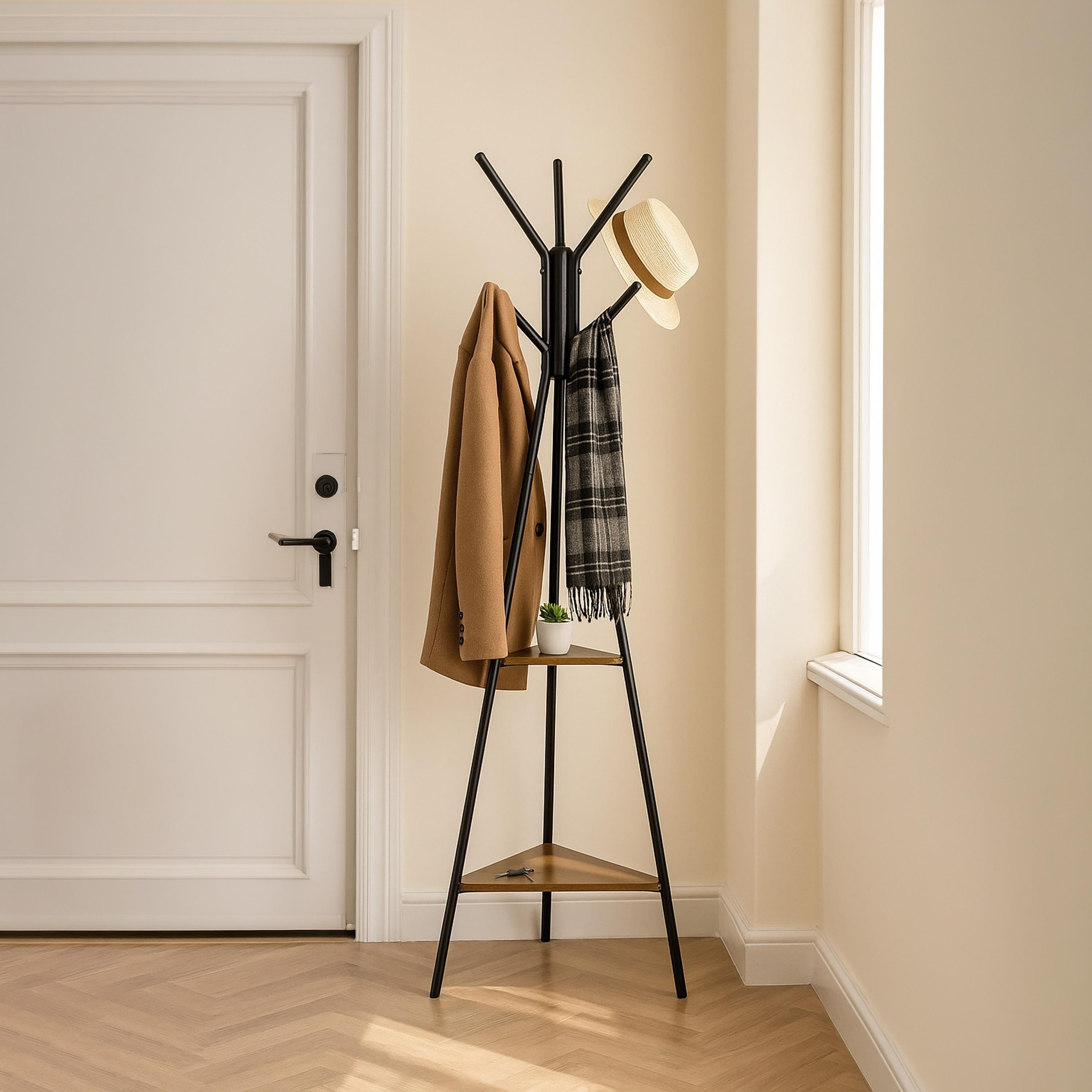 Maria Homes Modern Black Metal Coat Rack with Dual Wooden Shelves-household-storage-storagesolutions-tallhangers-image-4