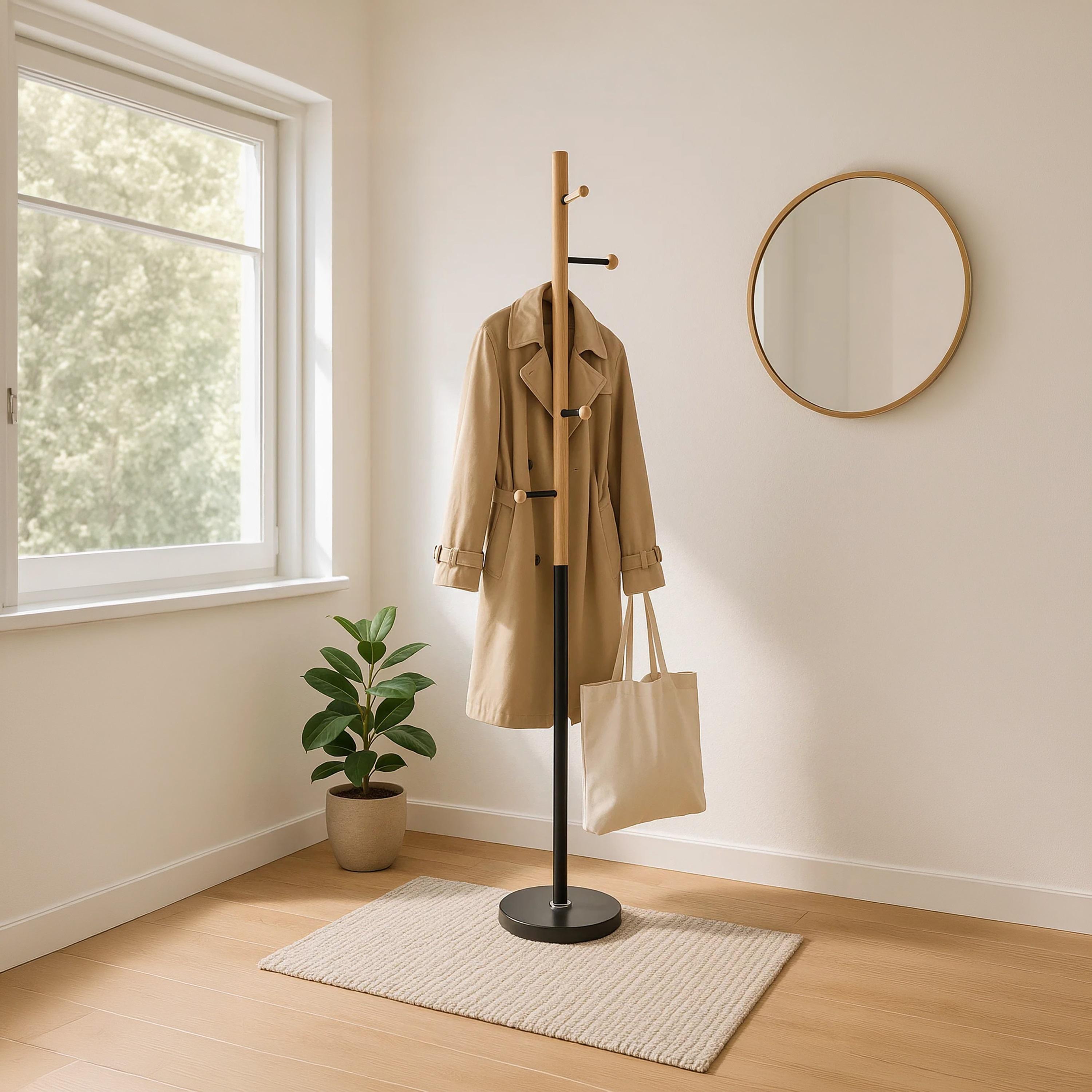 Maria Homes Contemporary Wooden Coat Rack with Multicolour Metal Base & Side Hooks-household-storage-storagesolutions-tallhangers-image-1