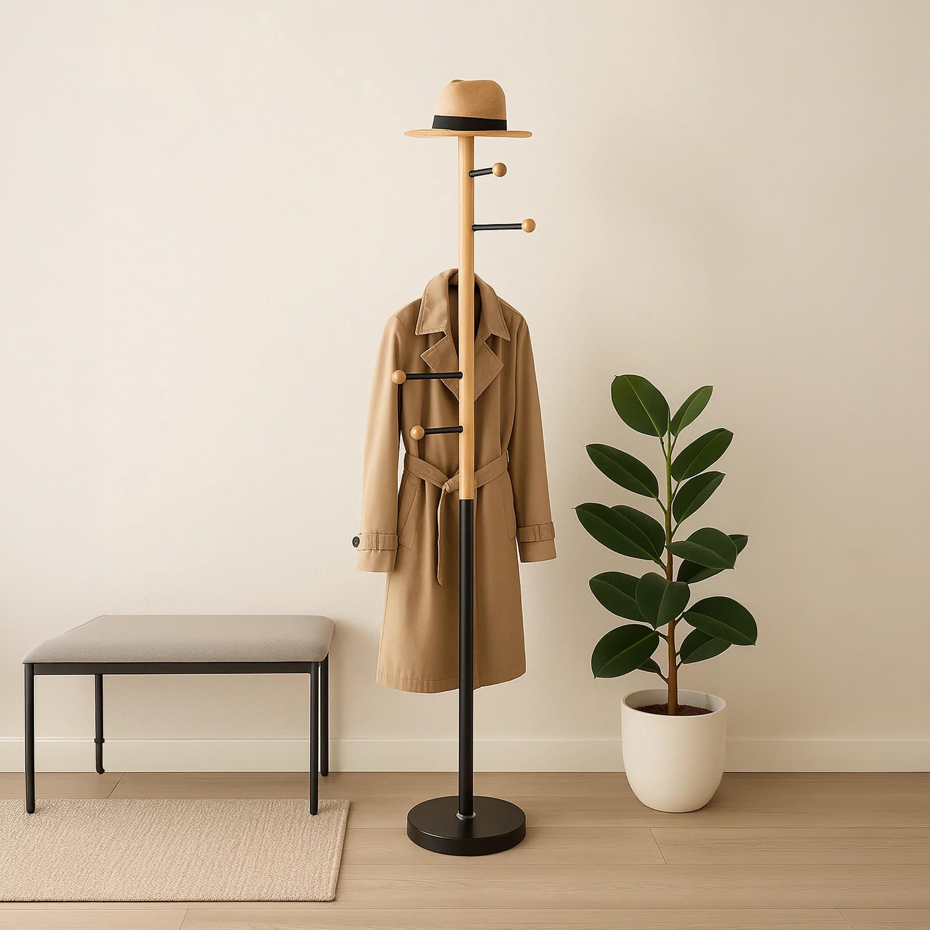 Maria Homes Contemporary Wooden Coat Rack with Multicolour Metal Base & Side Hooks-household-storage-storagesolutions-tallhangers-image-2