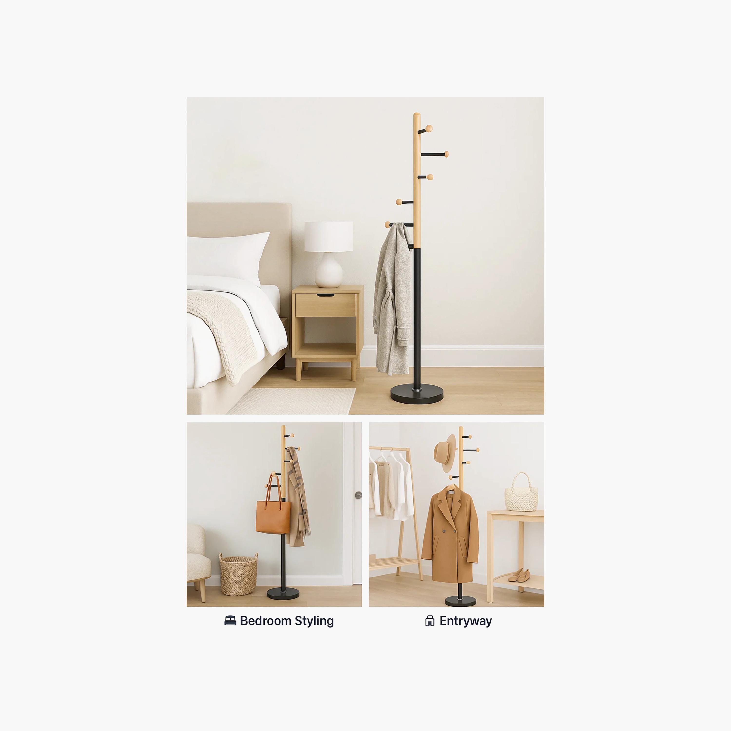 Maria Homes Contemporary Wooden Coat Rack with Multicolour Metal Base & Side Hooks-household-storage-storagesolutions-tallhangers-image-4