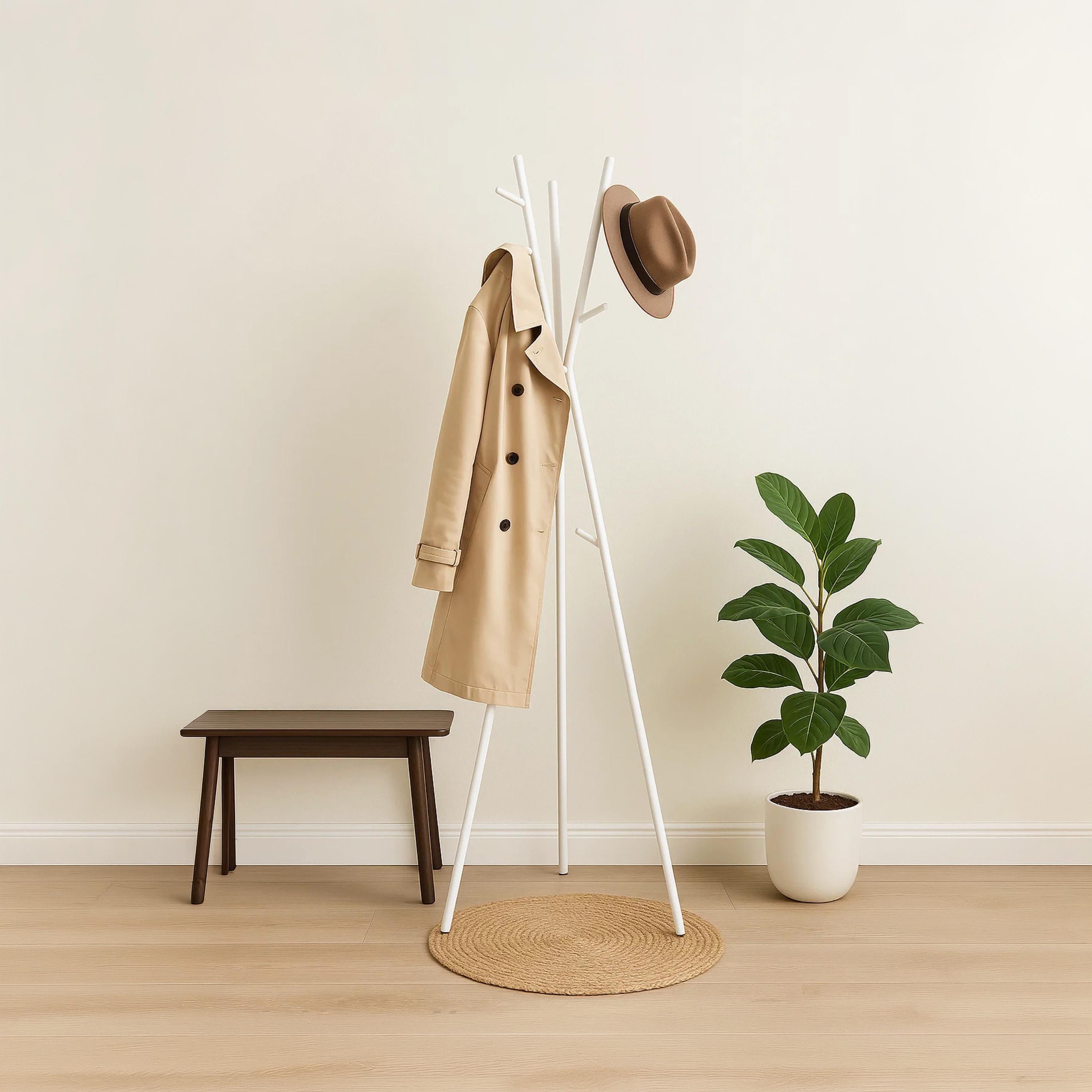 Maria Homes Modern Tripod-Style White Metal Coat Rack with Slim Silhouette-household-storage-storagesolutions-tallhangers-image-1