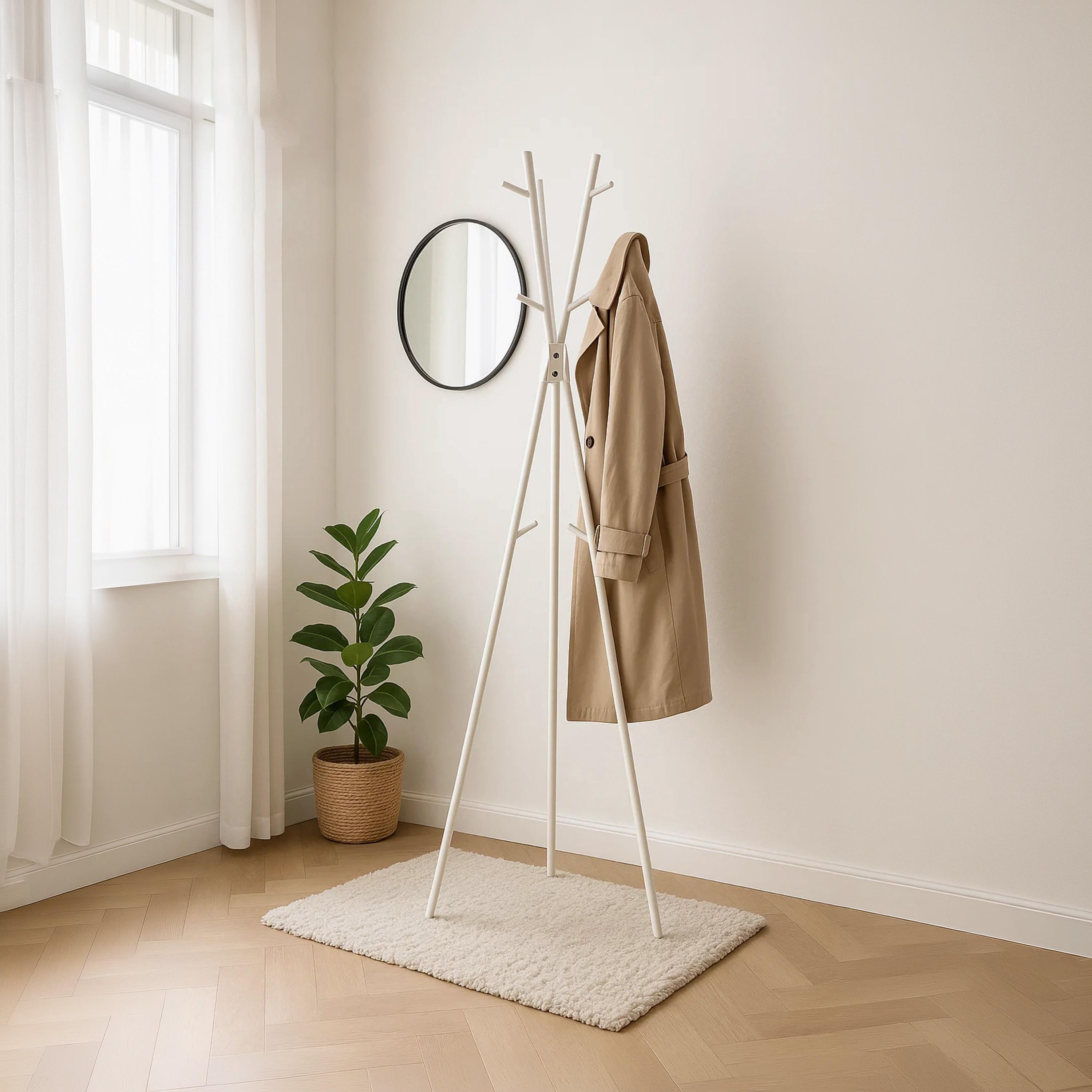Maria Homes Modern Tripod-Style White Metal Coat Rack with Slim Silhouette-household-storage-storagesolutions-tallhangers-image-2