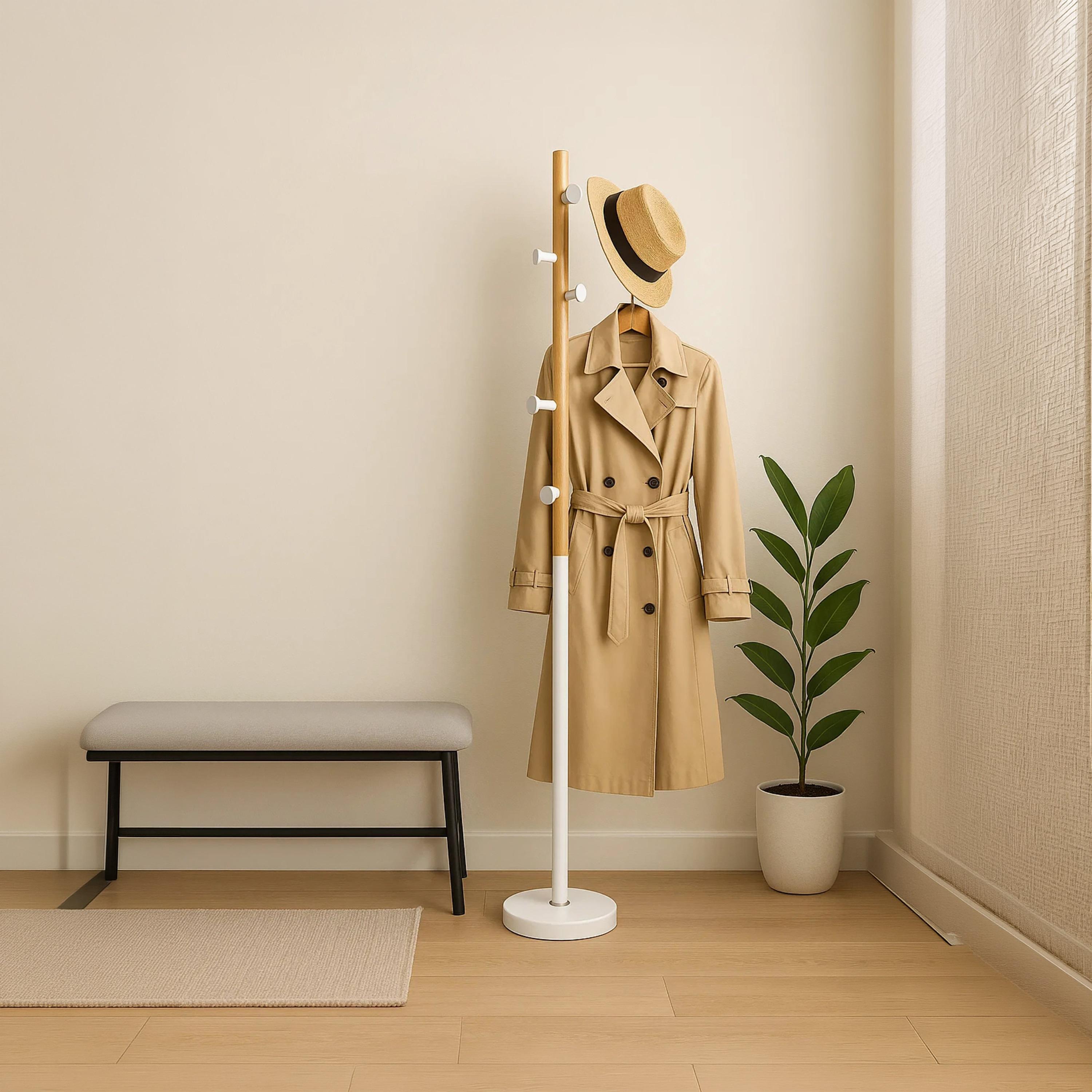 Maria Homes Slim Wooden Coat Rack with Metal Base & Side Pegs-household-storage-storagesolutions-tallhangers-image-1