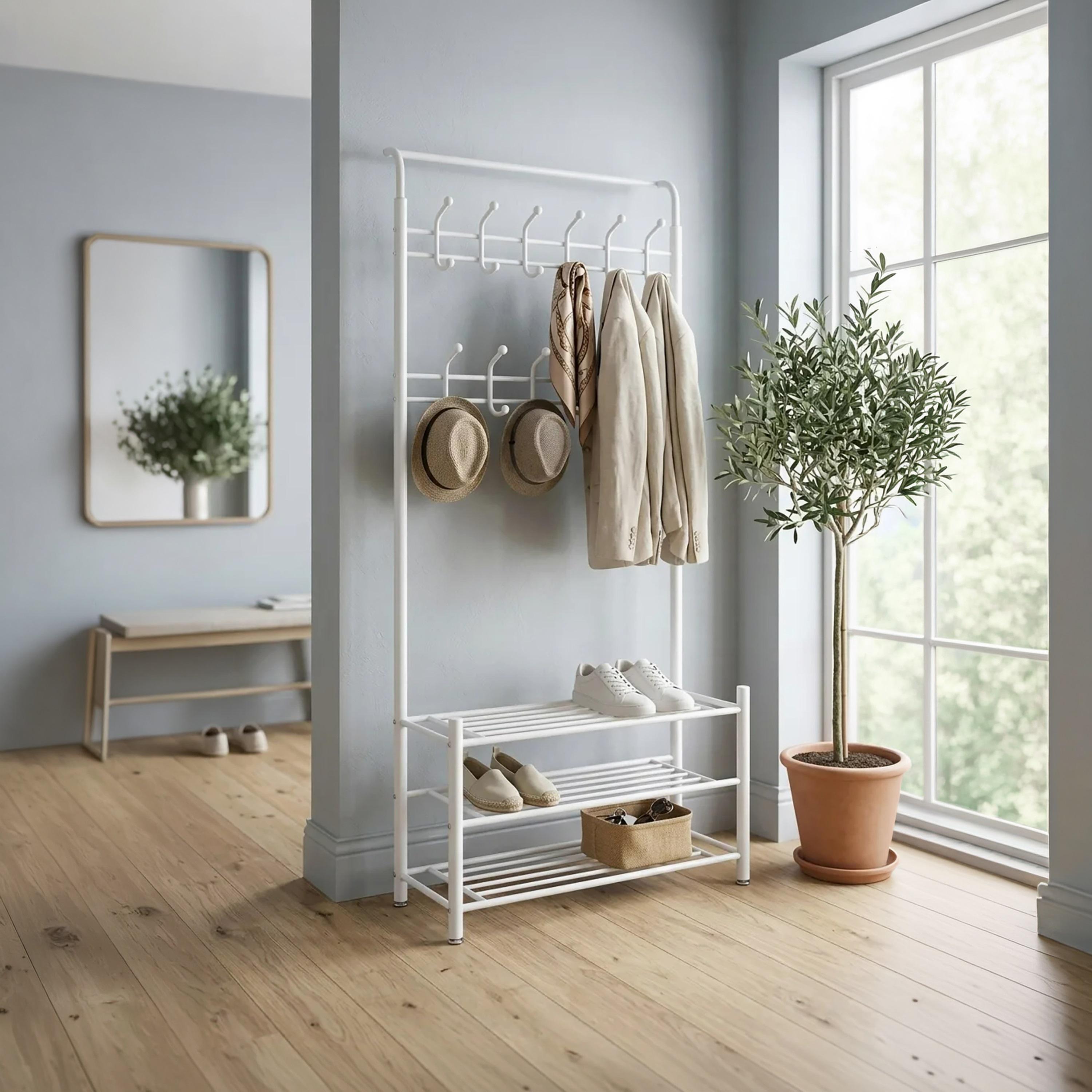 شماعة ملابس قائمة بذاتها مع خطافات تعليق و3 أرفف تخزين من ماريا هومز-household-storage-storagesolutions-storageracks-image-2
