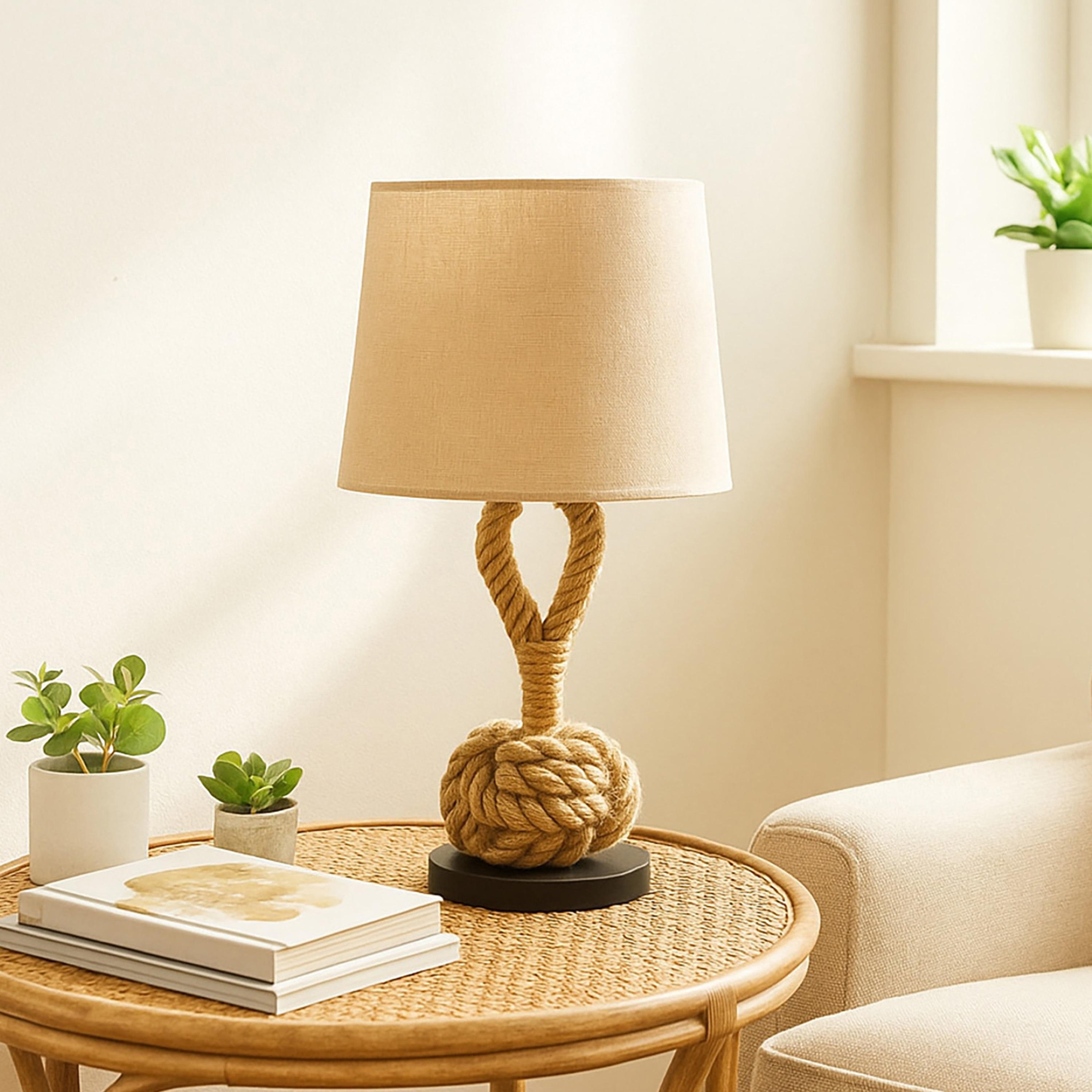 مصباح طاولة بحبل ريفي وعقدة بحرية بشيد قماش بيج من ماريا هومز-household-lighting-tableanddesklamps-image-1
