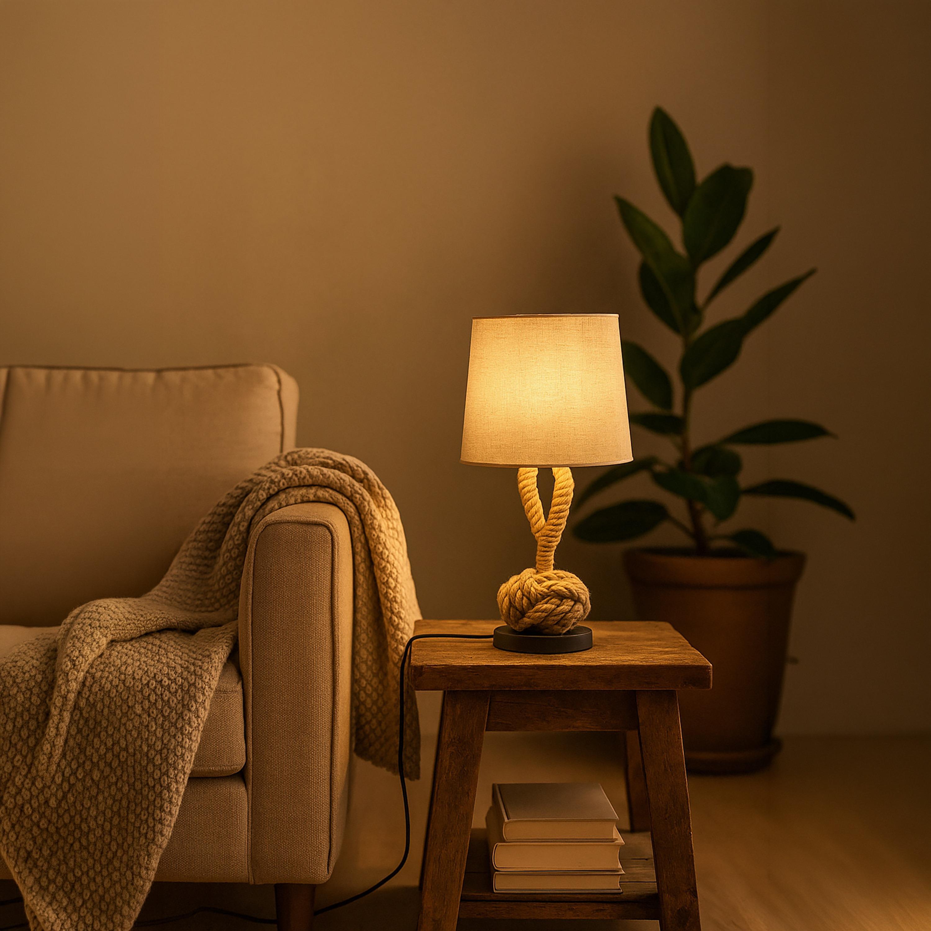 مصباح طاولة بحبل ريفي وعقدة بحرية بشيد قماش بيج من ماريا هومز-household-lighting-tableanddesklamps-image-3