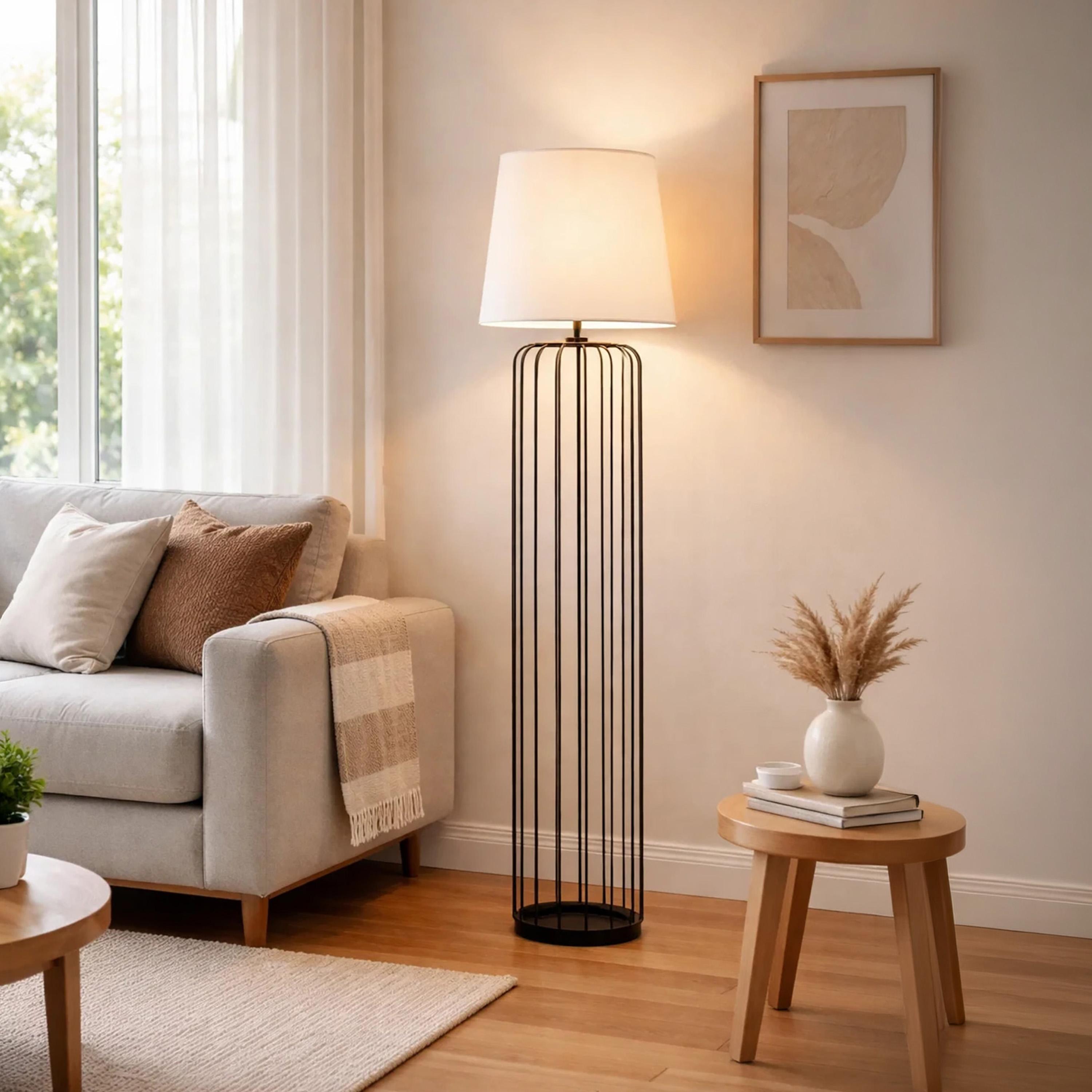 مصباح أرضي عصري بتصميم قفص أسود وغطاء قماشي من ماريا هومز-household-lighting-floorlamps-image-1